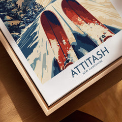 Attitash Ski Poster showcasing vibrant ski gear and snowy landscapes of Attitash, New Hampshire.