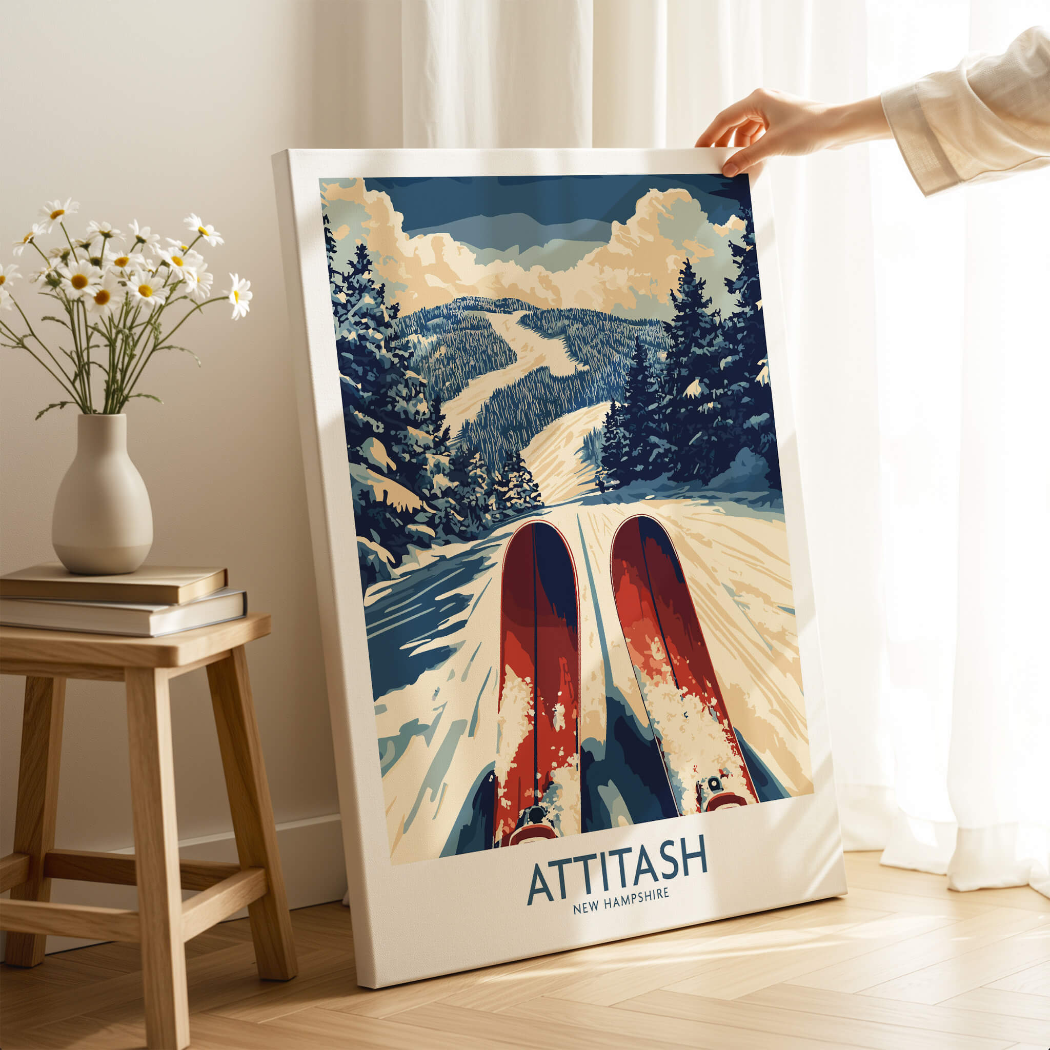 Attitash Ski Poster featuring stunning mountain views and ski tracks in New Hampshire, perfect for ski enthusiasts.