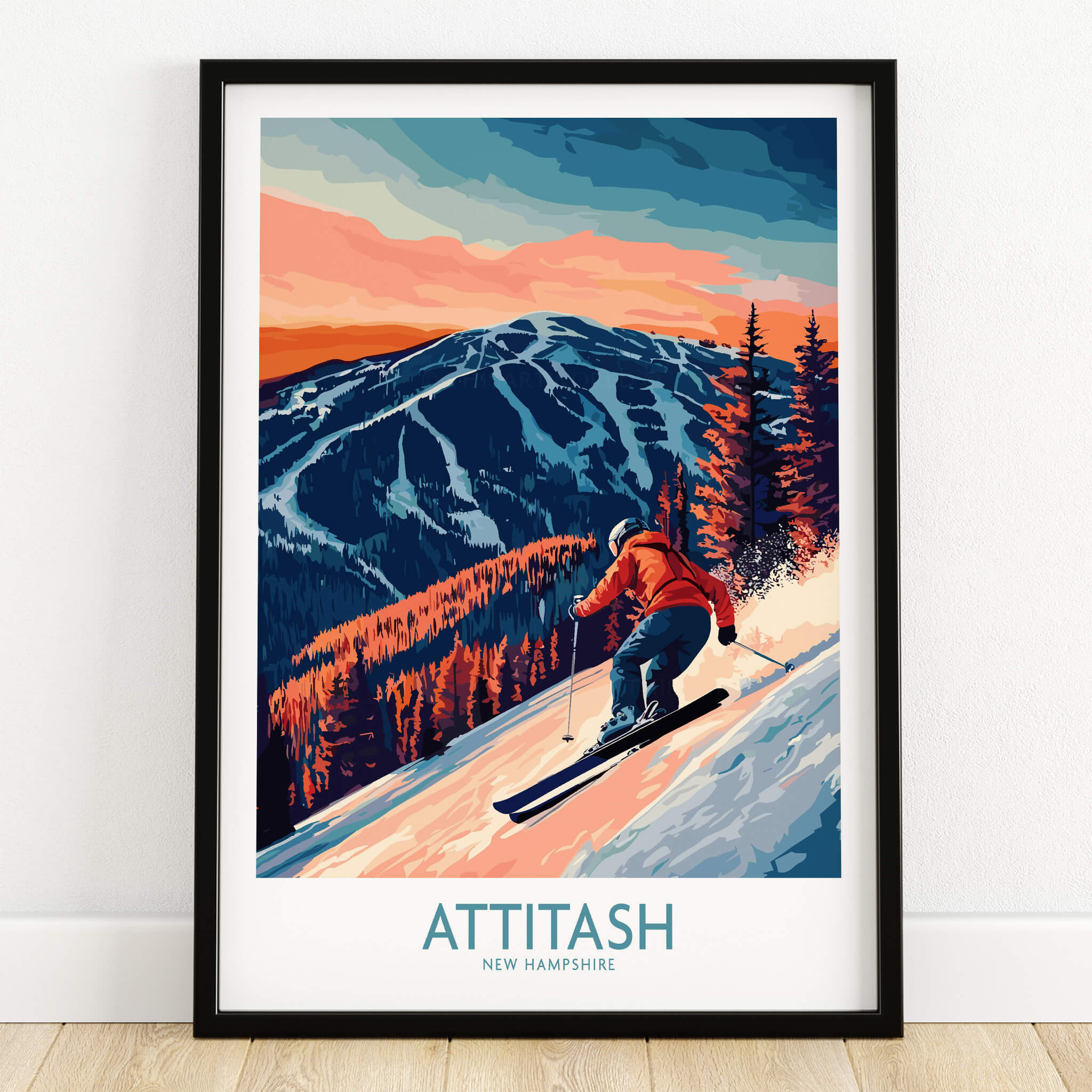 Attitash Ski Wall Art Print showcasing a skier descending a mountain with a colorful sunset backdrop.