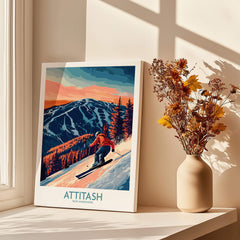 Attitash Ski Wall Art Print showcasing a skier on the slopes with a stunning mountain backdrop.