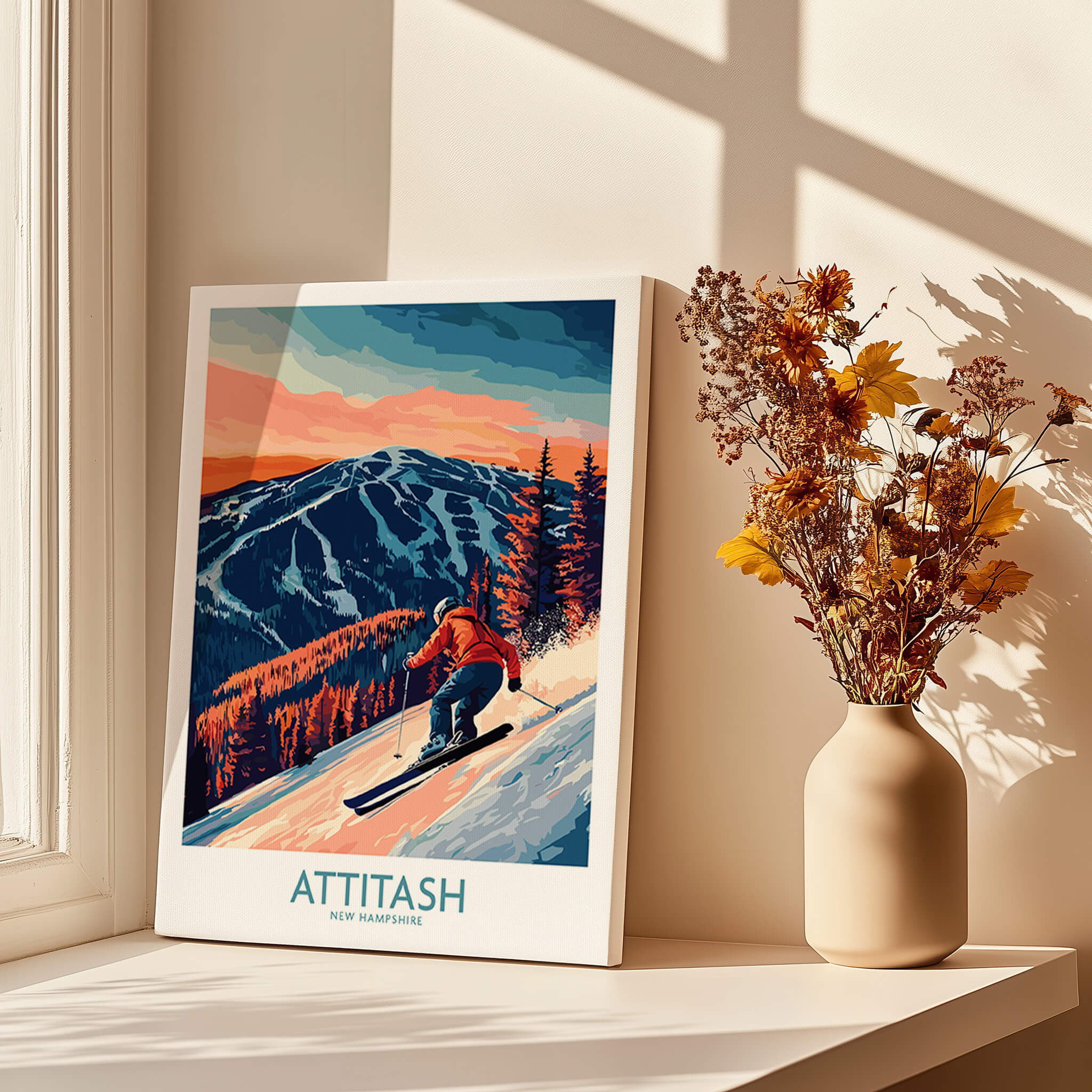 Attitash Ski Wall Art Print showcasing a skier on the slopes with a stunning mountain backdrop.
