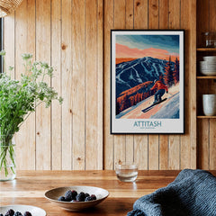 Attitash Ski Wall Art Print showcasing a skier on a slope with a mountain backdrop in a cozy interior.