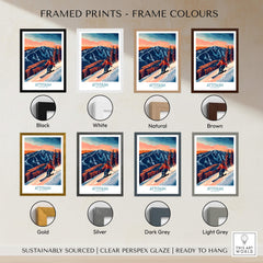 Various frame color options for Attitash Ski Wall Art Print, showcasing black, white, brown, and more.