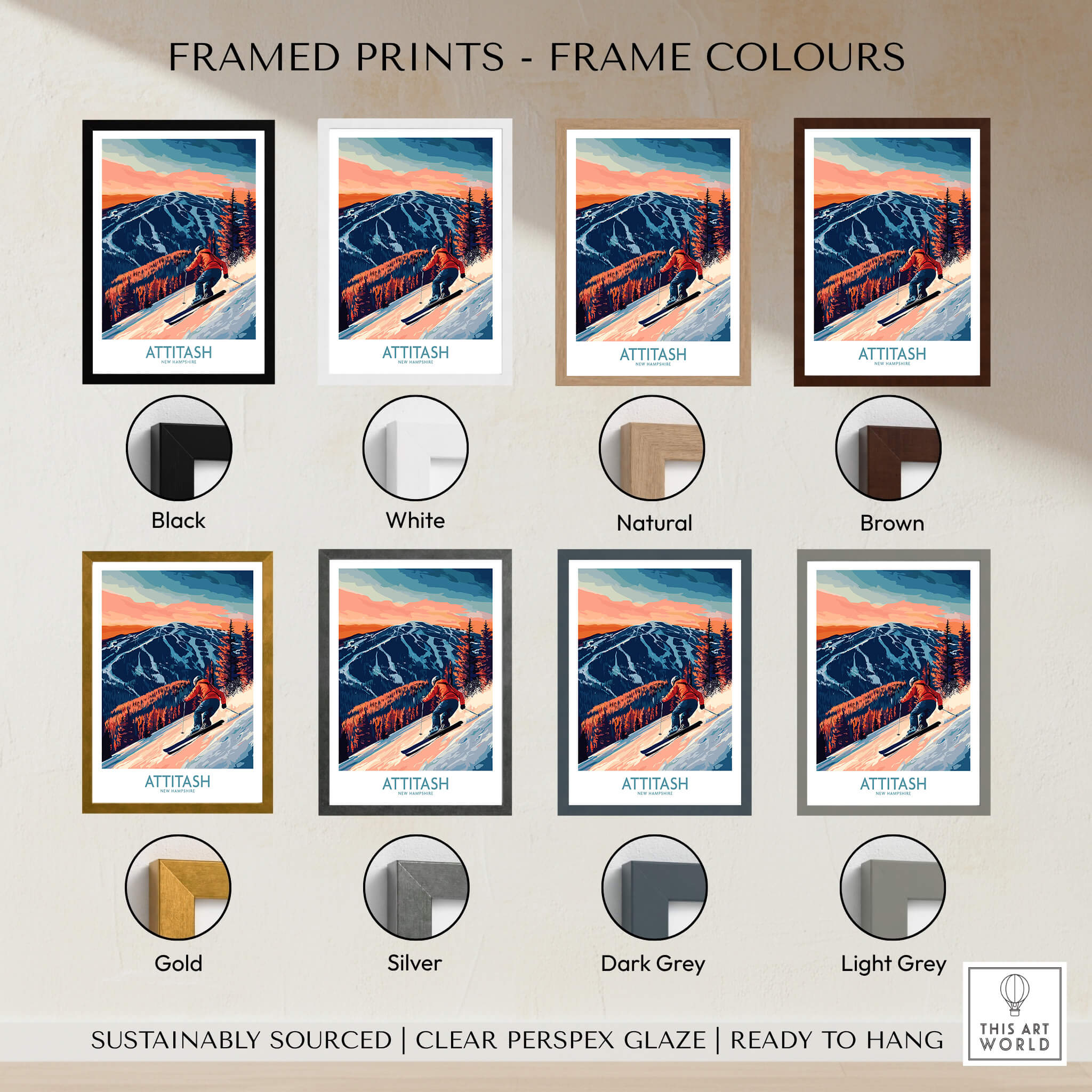 Various frame color options for Attitash Ski Wall Art Print, showcasing black, white, brown, and more.