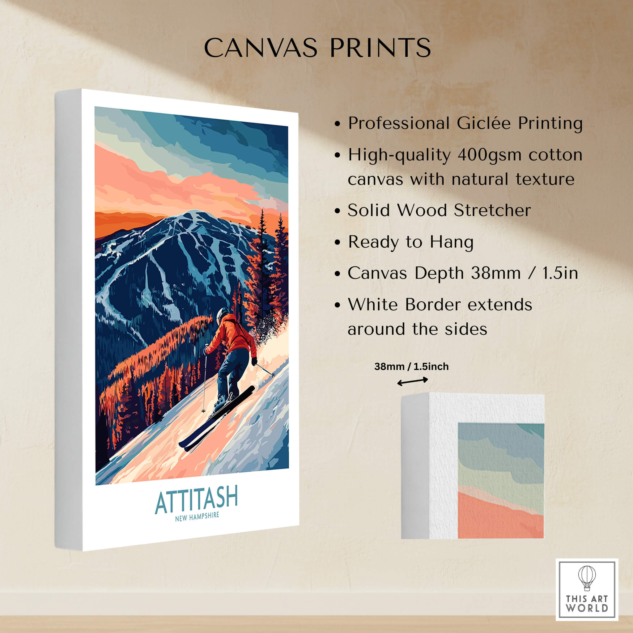 Attitash Ski Wall Art Print featuring a skier on a snowy mountain, showcasing professional Giclée printing.