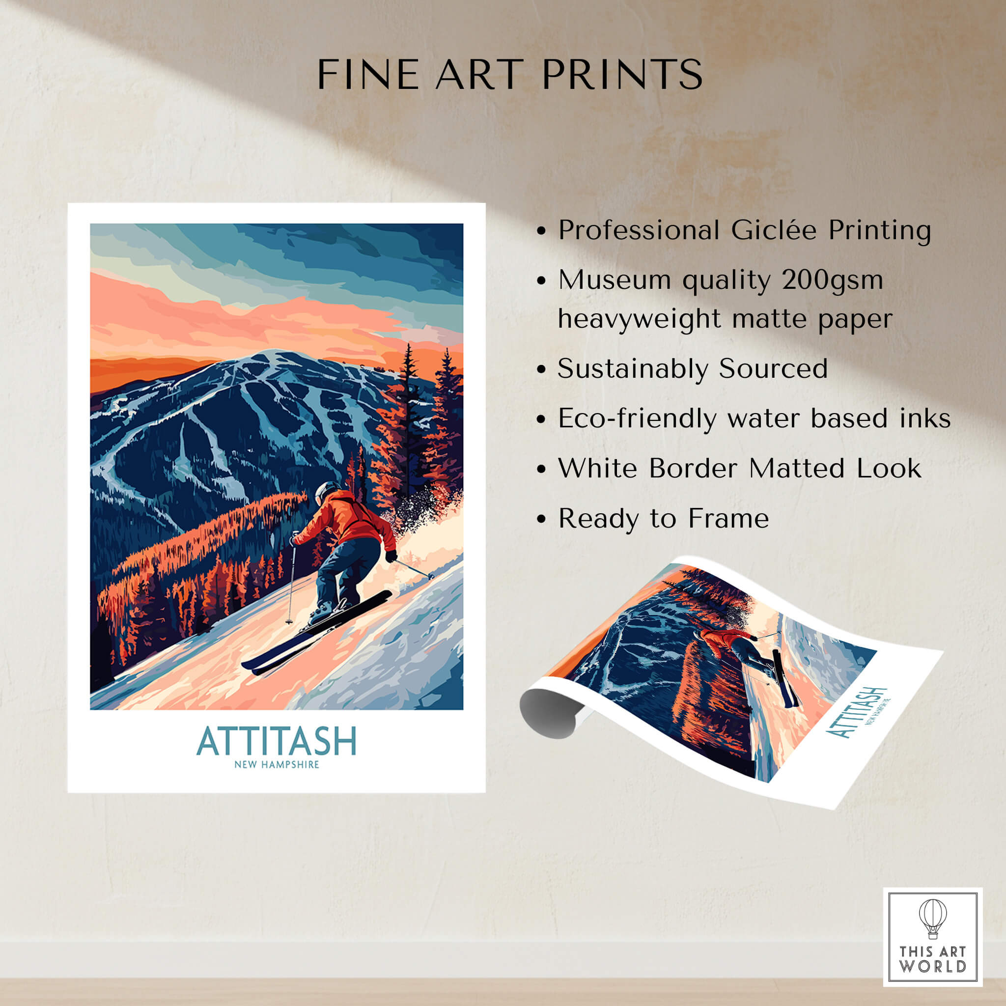 Attitash Ski Wall Art Print featuring a skier with a stunning mountain backdrop in vibrant colors.