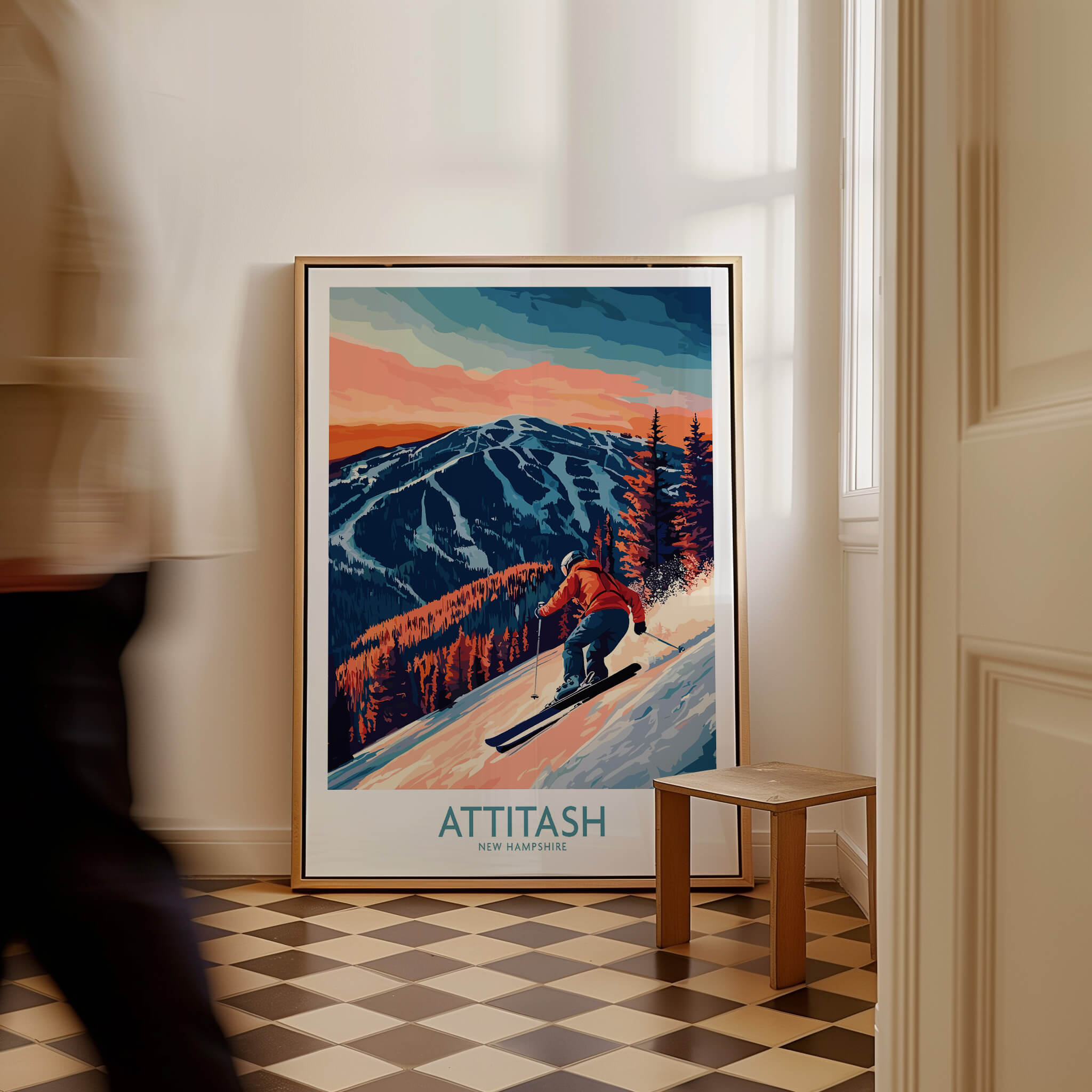 Attitash Ski Wall Art Print showcasing a skier on vibrant slopes with mountains in the background.