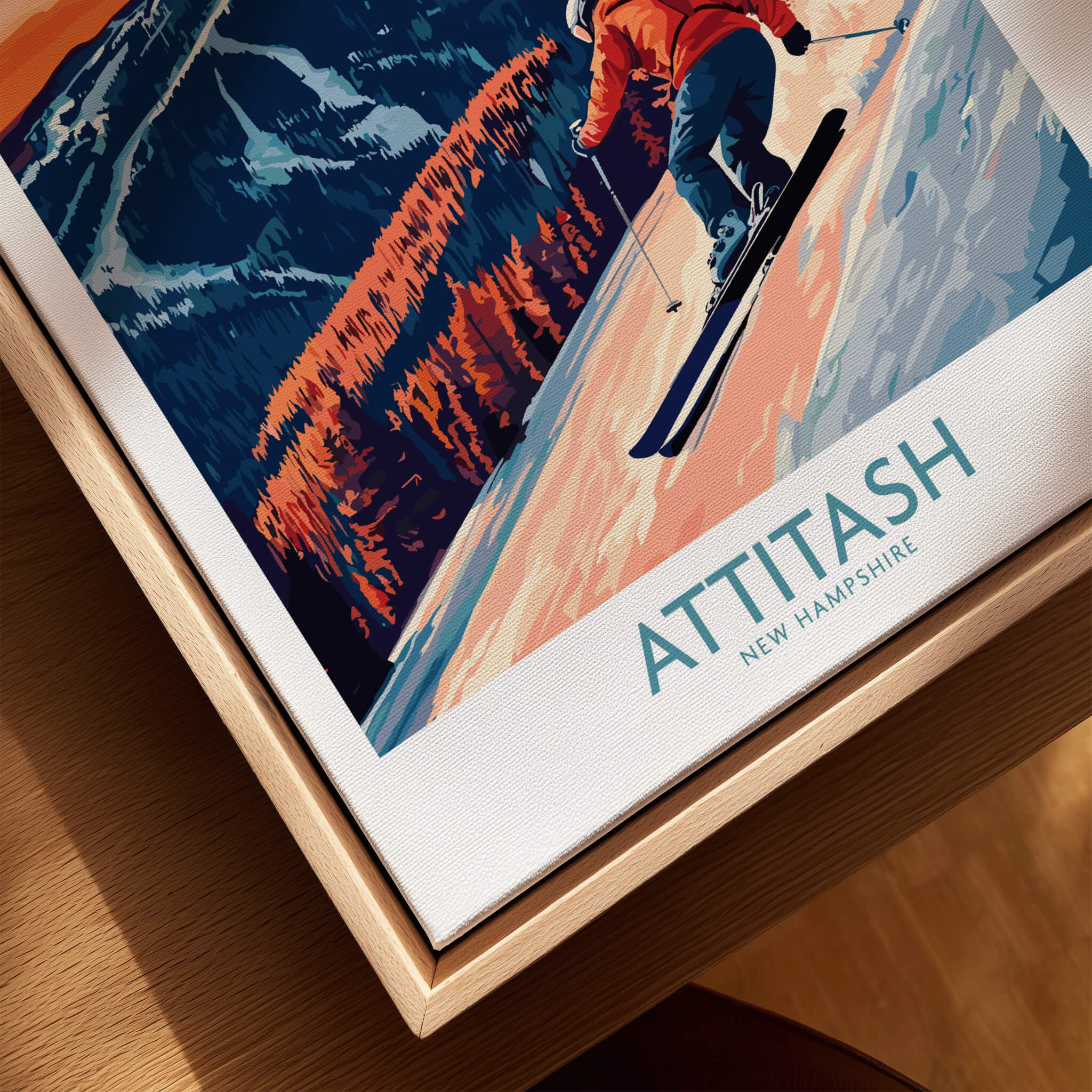 Attitash Ski Wall Art Print featuring a skier on a slope in New Hampshire, perfect for outdoor enthusiasts.