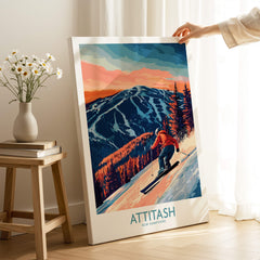 Attitash Ski Wall Art Print showcasing a skier on a mountain during sunset in New Hampshire.