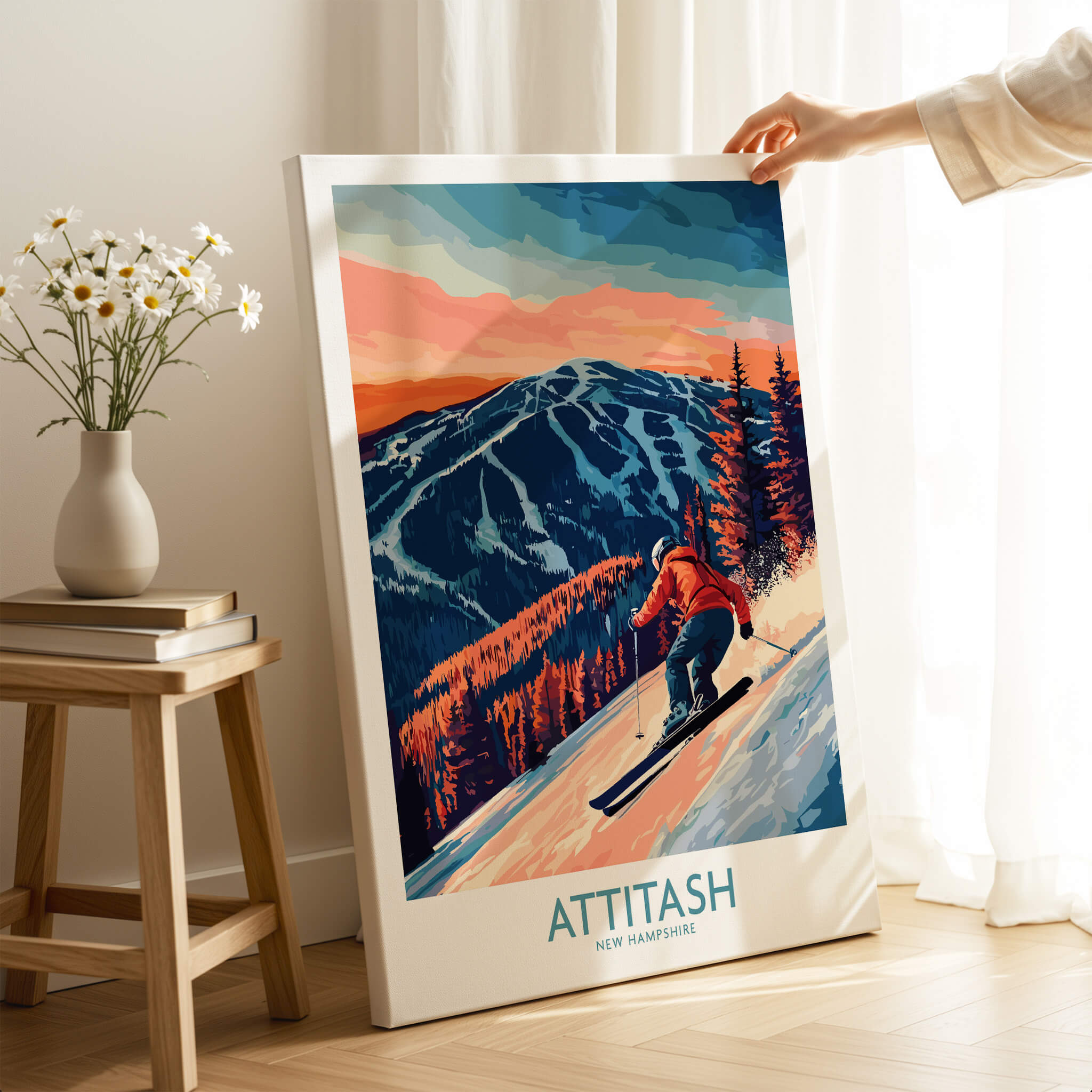 Attitash Ski Wall Art Print showcasing a skier on a mountain during sunset in New Hampshire.