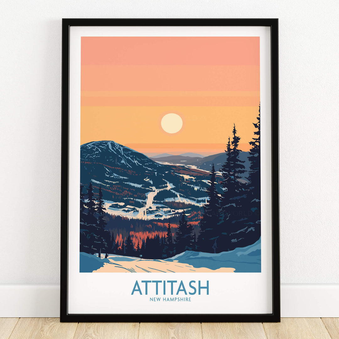 Attitash Poster New Hampshire showcasing a colorful sunset over the Attitash mountain range.