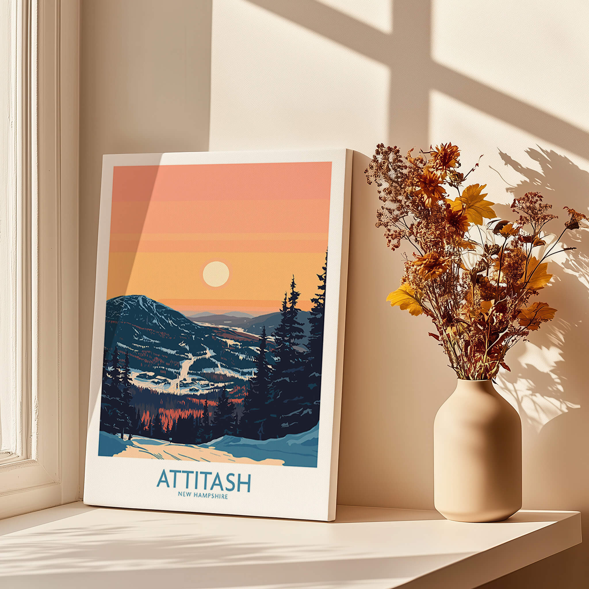 Attitash Poster New Hampshire featuring a beautiful mountain landscape and sunset in a cozy home setting.
