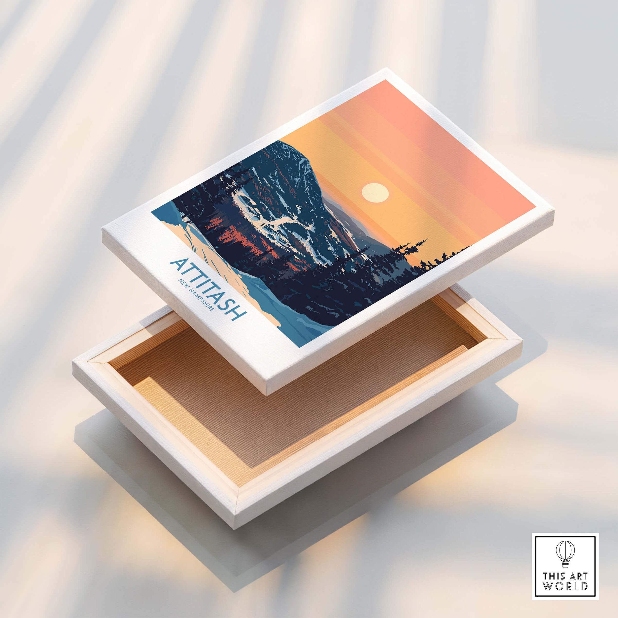 Attitash Poster New Hampshire displayed on a decorative box, showcasing stunning mountain scenery.
