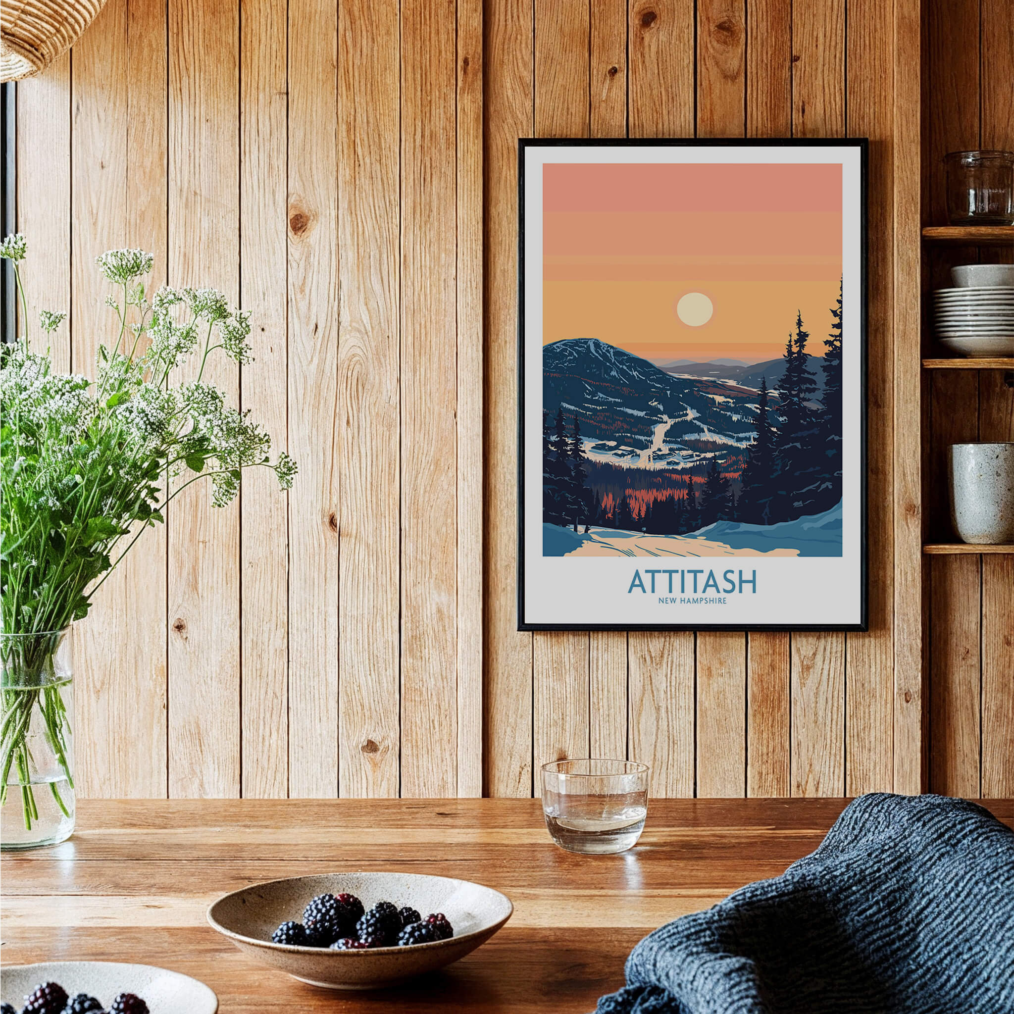 Attitash Poster New Hampshire displayed in a cozy home setting with wooden walls and natural decor.