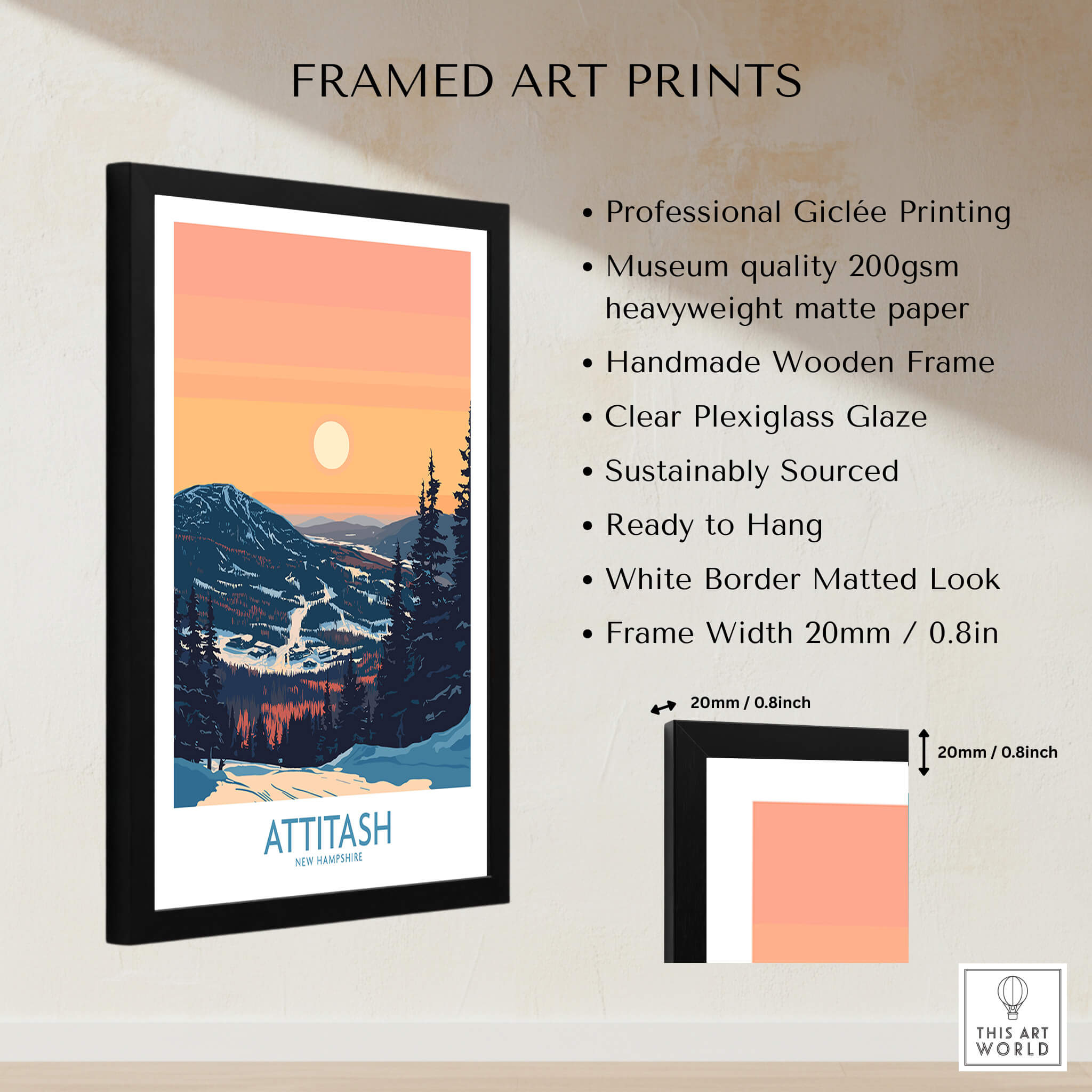 Attitash Poster New Hampshire framed art print showcasing stunning mountain scenery and professional giclée printing.