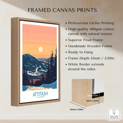 Attitash Poster New Hampshire framed canvas print showcasing mountains and sunset with high-quality giclée printing.