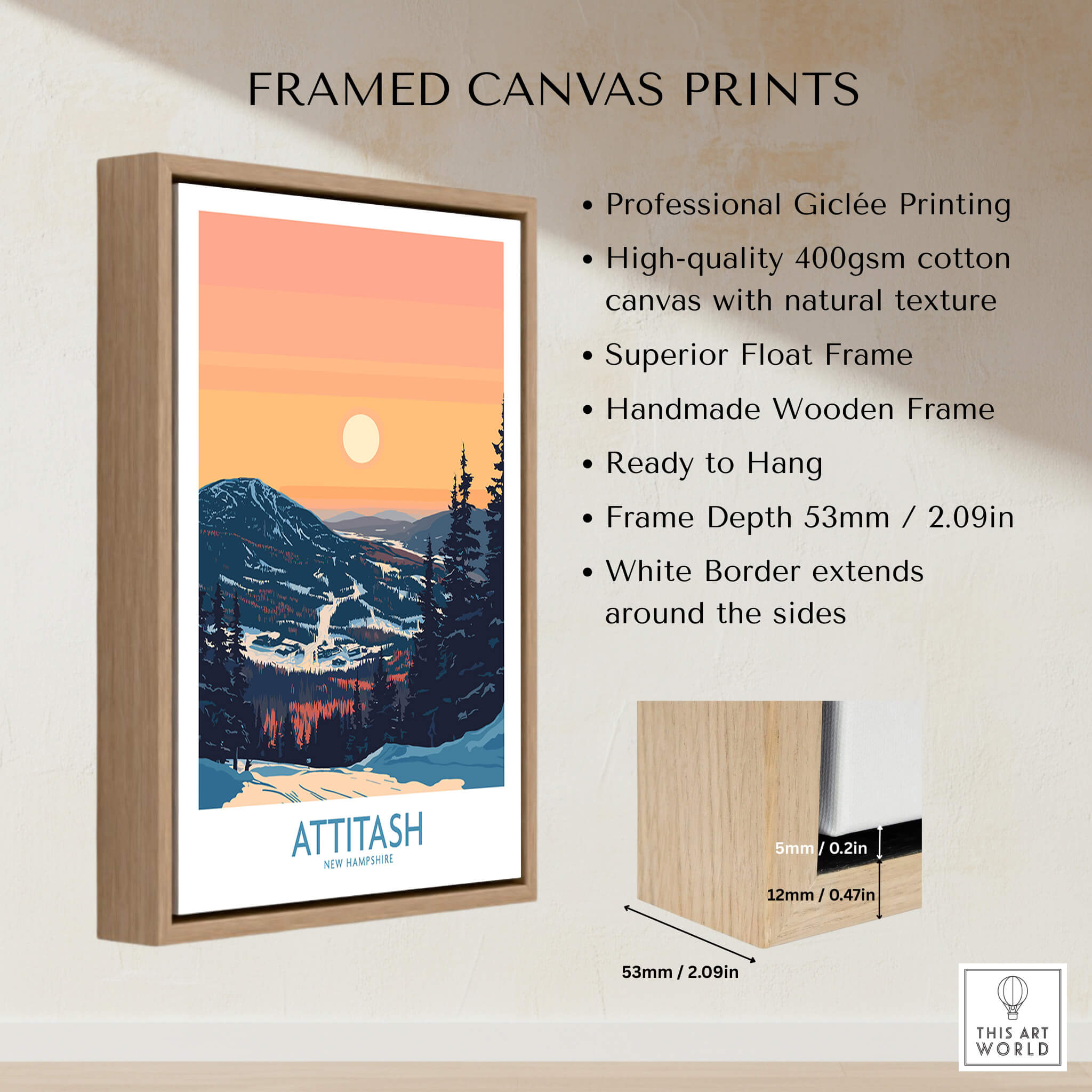 Attitash Poster New Hampshire framed canvas print showcasing mountains and sunset with high-quality giclée printing.