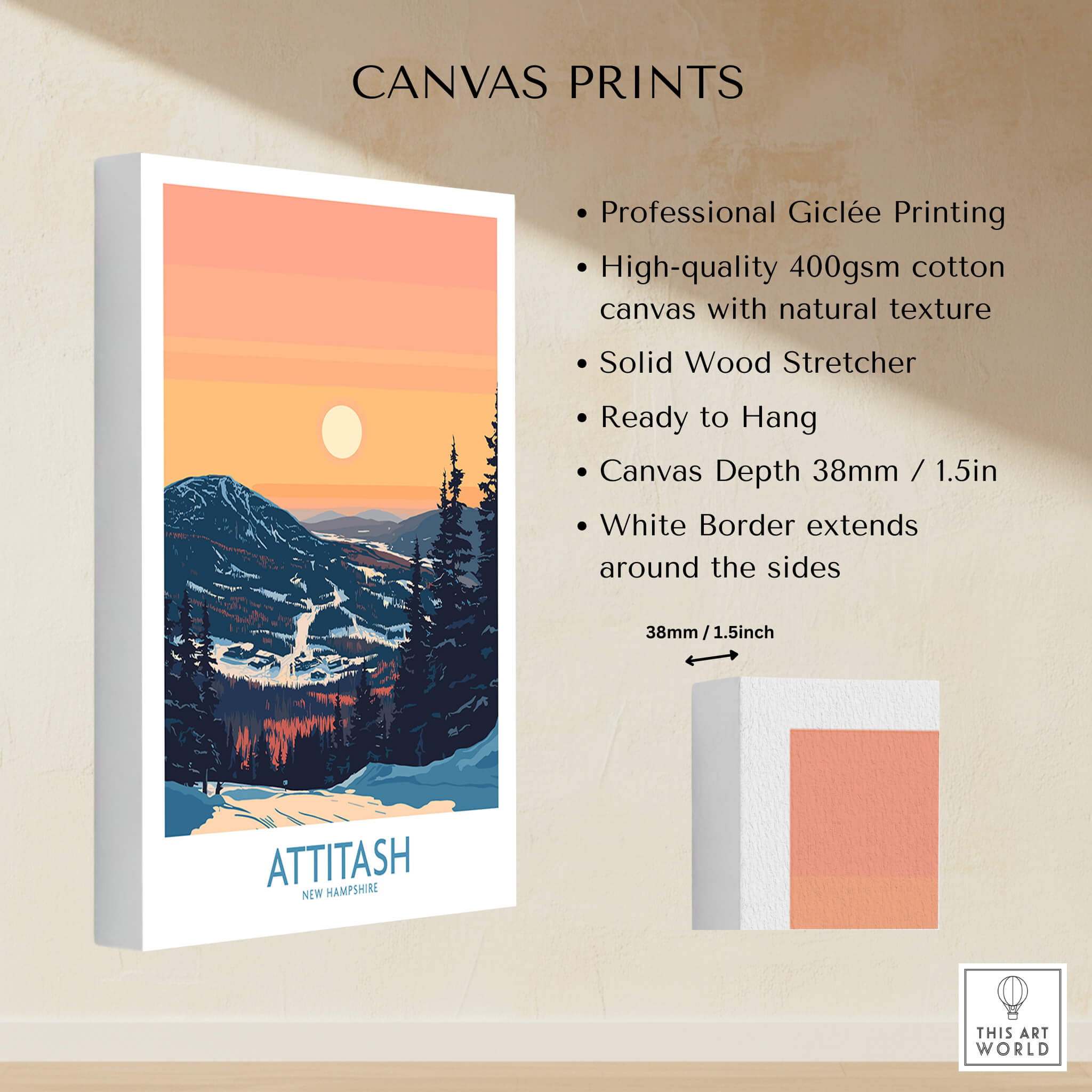 Attitash Poster New Hampshire canvas print showcasing stunning mountain imagery and vibrant colors.