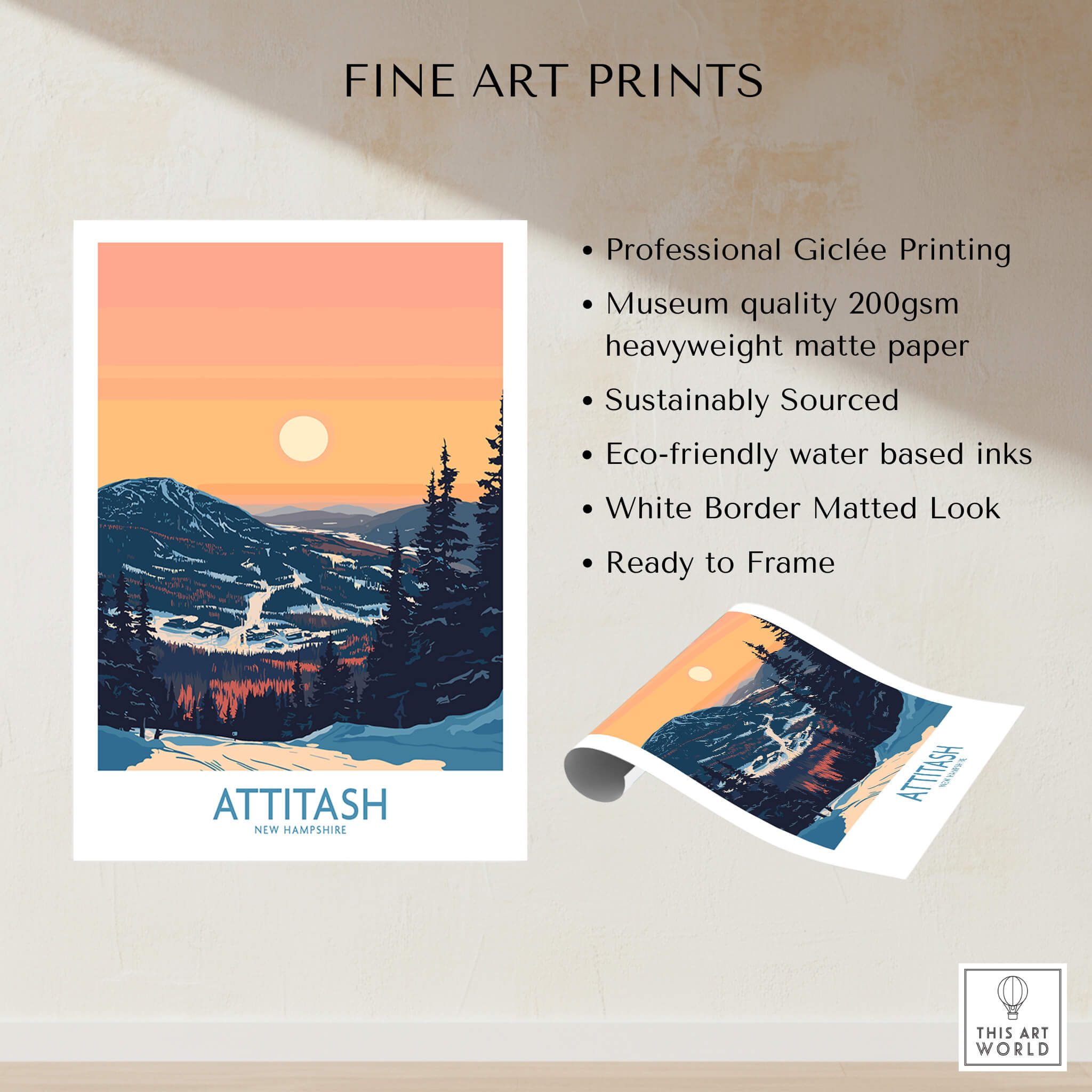 Attitash Poster New Hampshire showcasing Giclée printing and mountainous landscape with sunset, perfect for home decor.