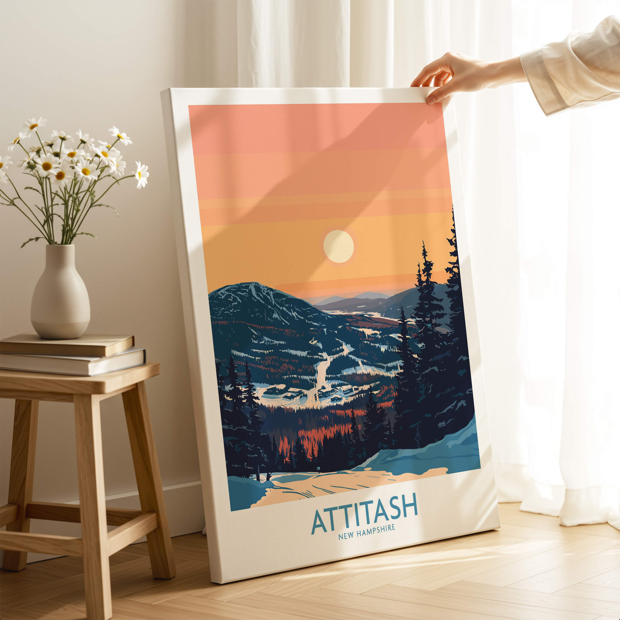 Attitash Poster New Hampshire showcasing a vibrant mountain landscape at sunset with trees and a serene atmosphere.
