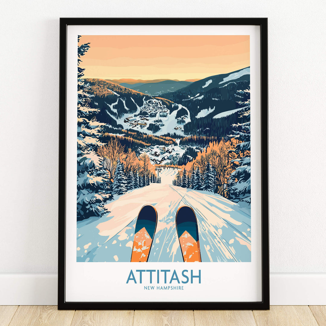 Attitash Ski Art Print showcasing a scenic winter landscape with skis in the foreground and mountains in the background.