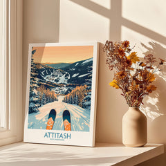 Attitash Ski Art Print showcasing a scenic winter landscape with skis in the foreground, ideal for ski enthusiasts.