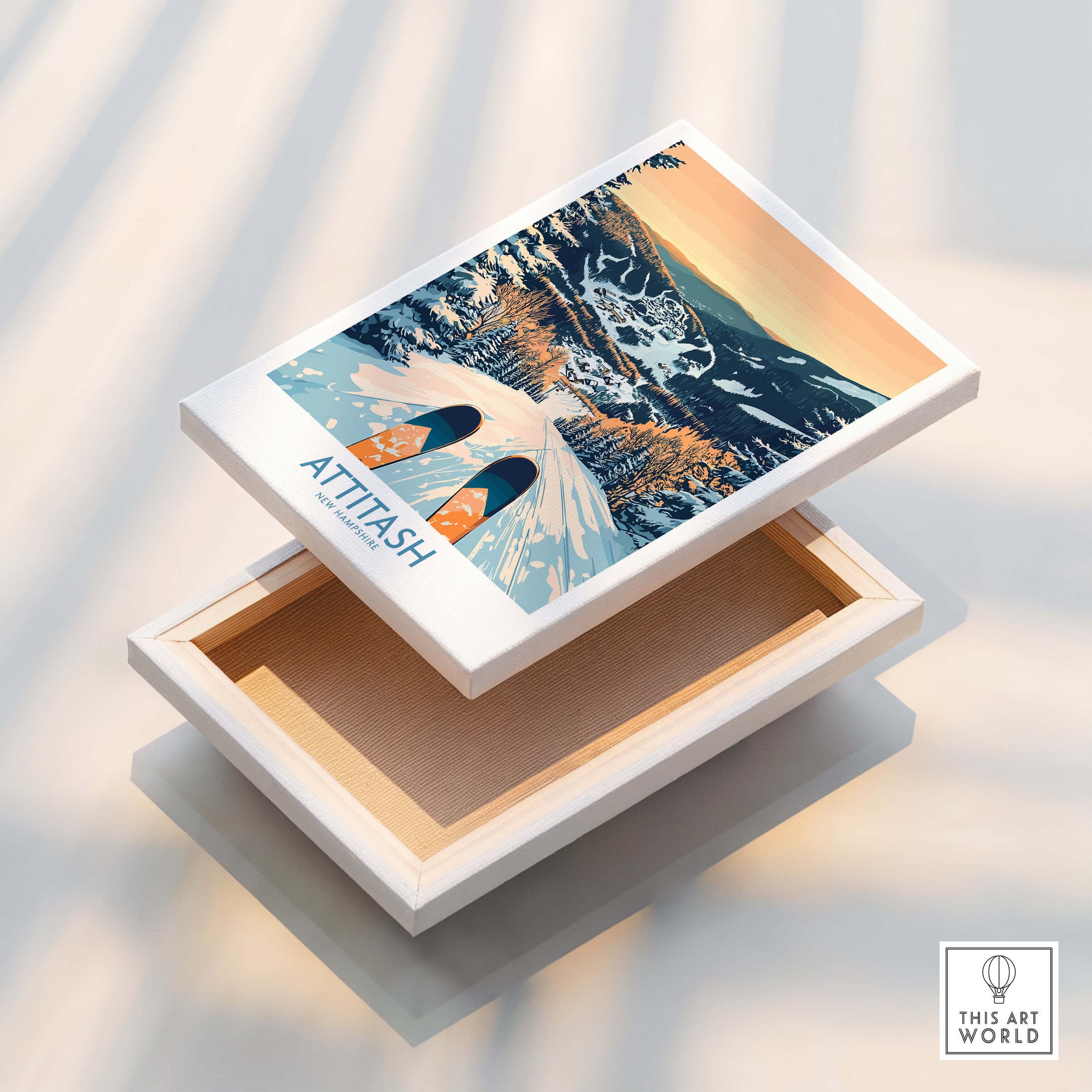 Attitash Ski Art Print displayed on an open box, showcasing winter landscape and skiing adventure.