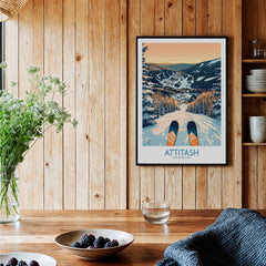 Attitash Ski Art Print showcasing skis and scenic slopes framed on a wooden wall, perfect for ski enthusiasts.