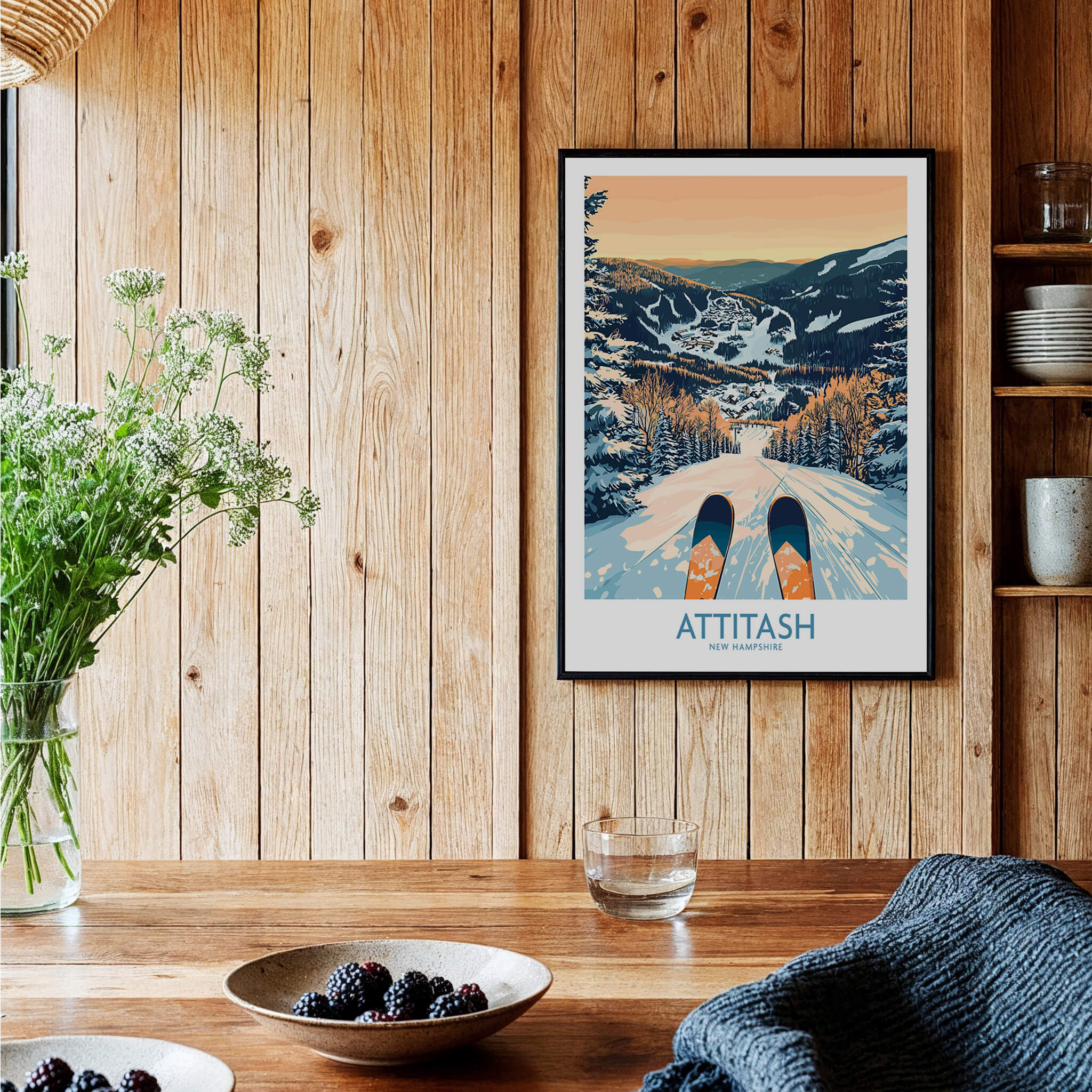 Attitash Ski Art Print showcasing skis and scenic slopes framed on a wooden wall, perfect for ski enthusiasts.