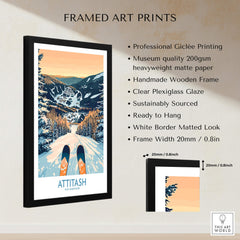 Attitash Ski Art Print framed with a black wooden frame showcasing skiing mountains and trees.