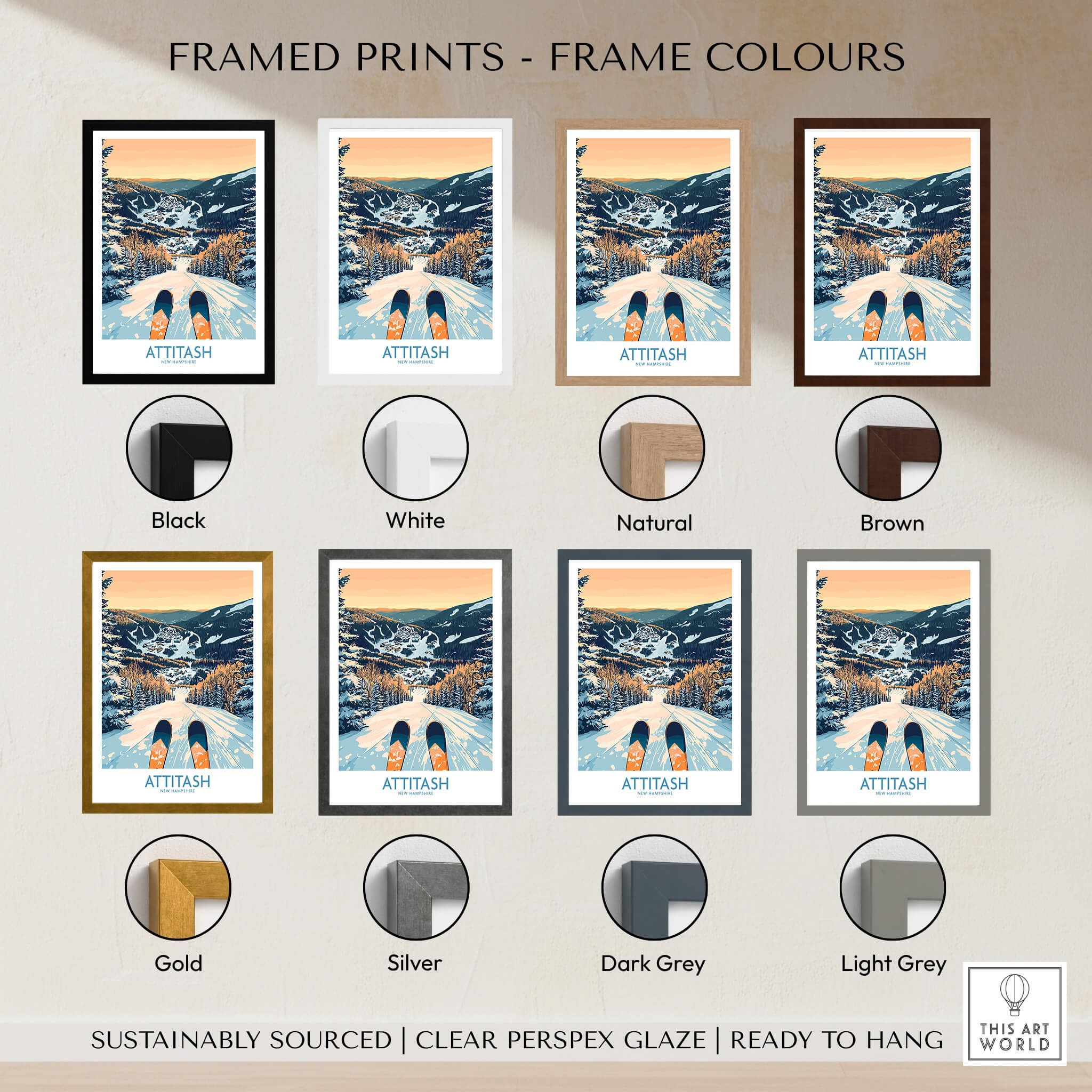 Attitash Ski Art Print framed in various colors including black, white, natural, brown, gold, silver, dark grey, and light grey.