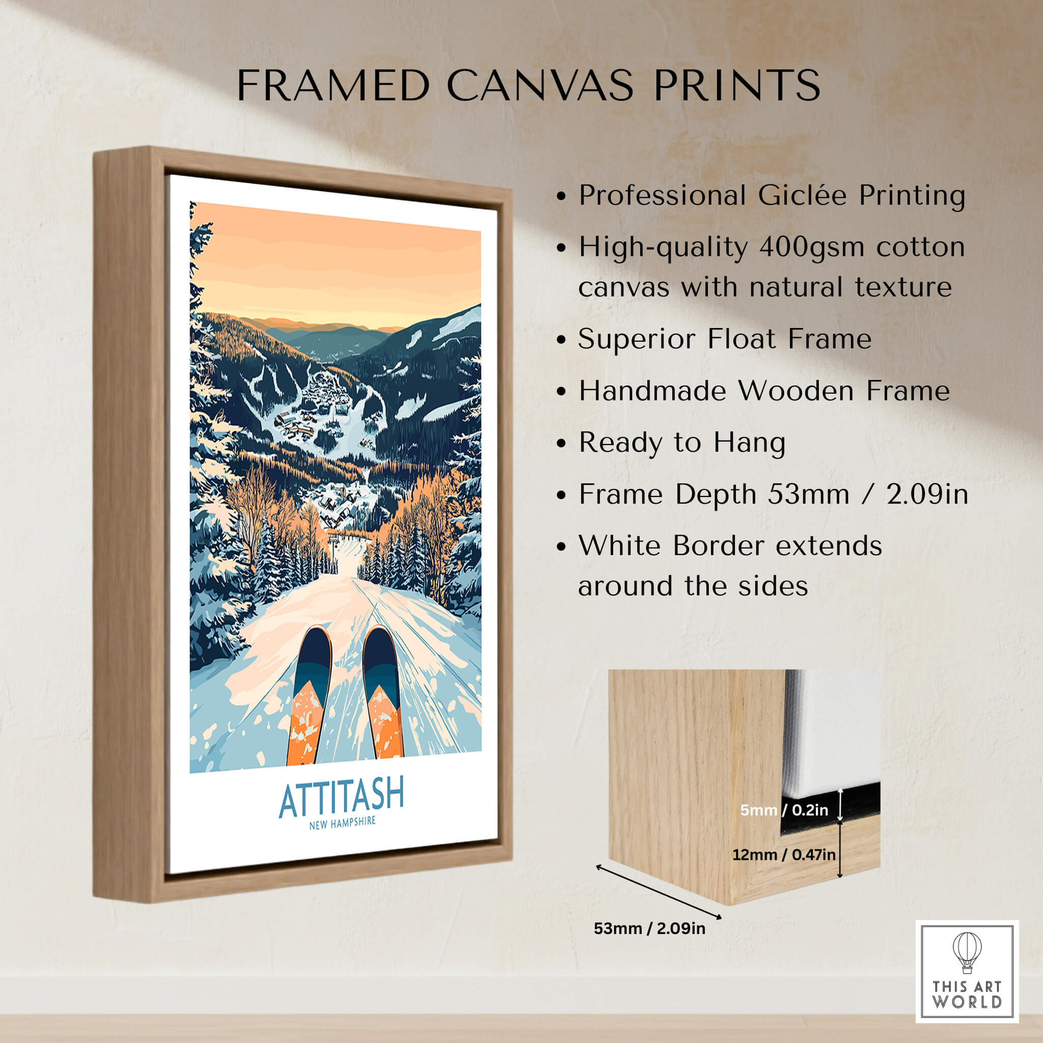 Attitash Ski Art Print framed canvas showcasing skiing excitement and scenic winter landscape.