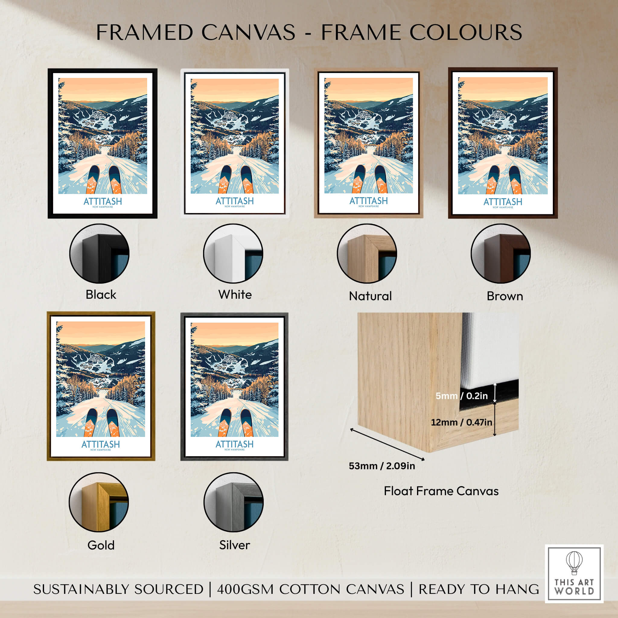 Framed canvas options for Attitash Ski Art Print in various colors including black, white, natural, brown, gold, and silver.