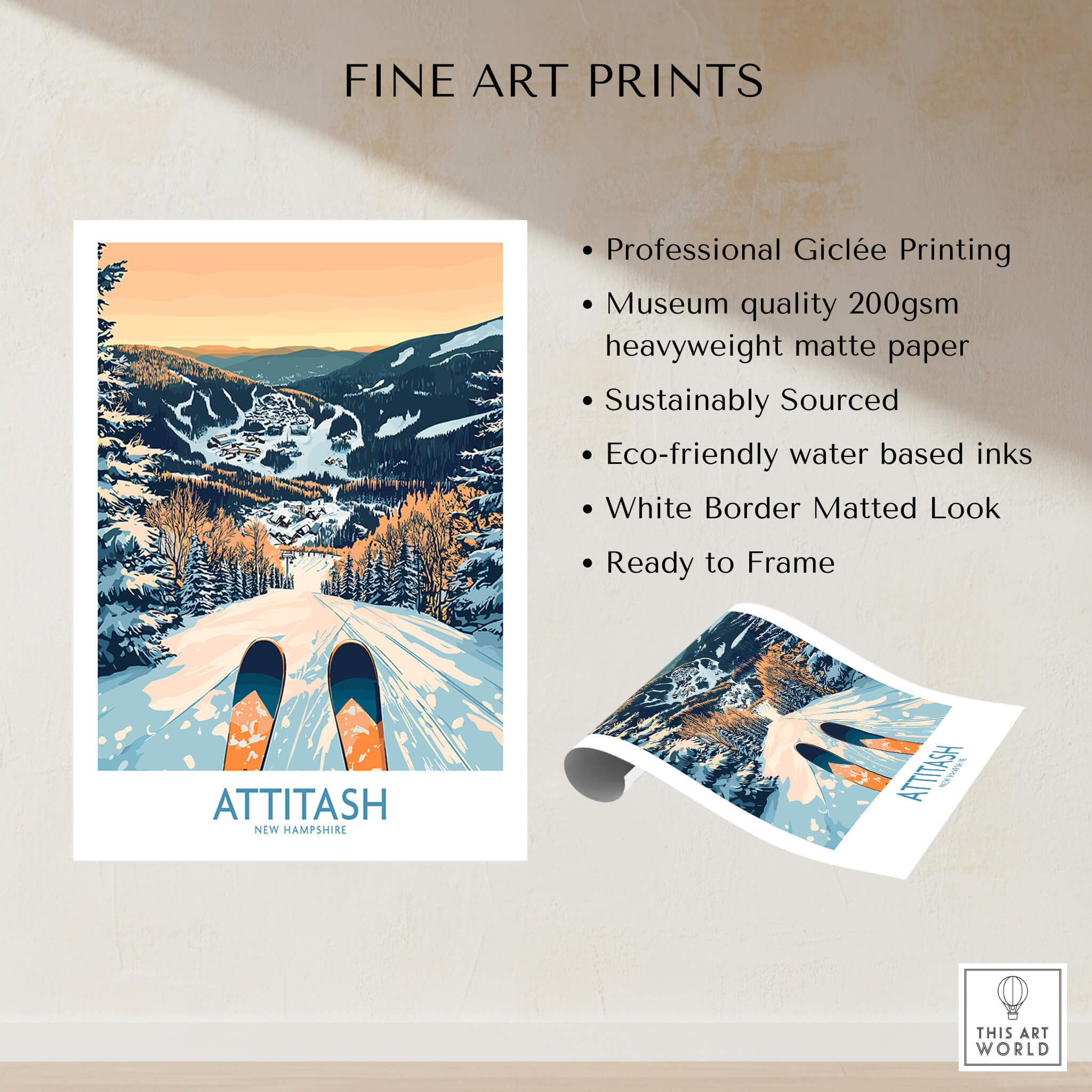 Attitash Ski Art Print showcasing a beautiful winter landscape with skis, perfect for ski enthusiasts.