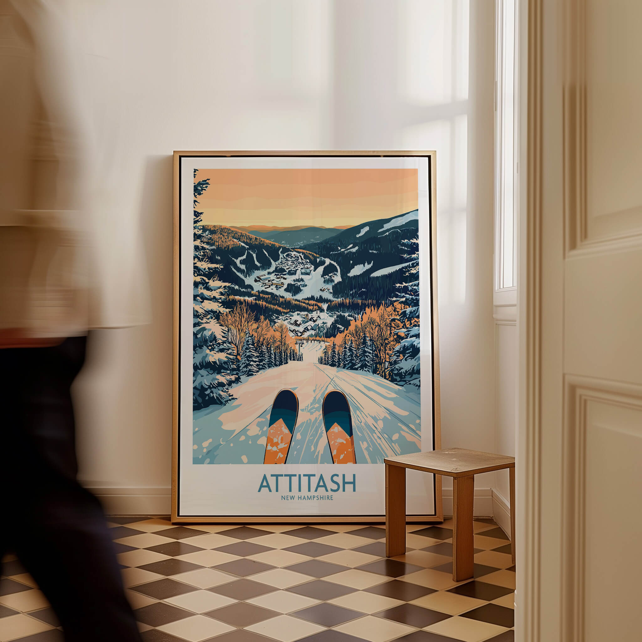 Attitash Ski Art Print showcasing winter slopes and picturesque scenery in a stylish home setting.