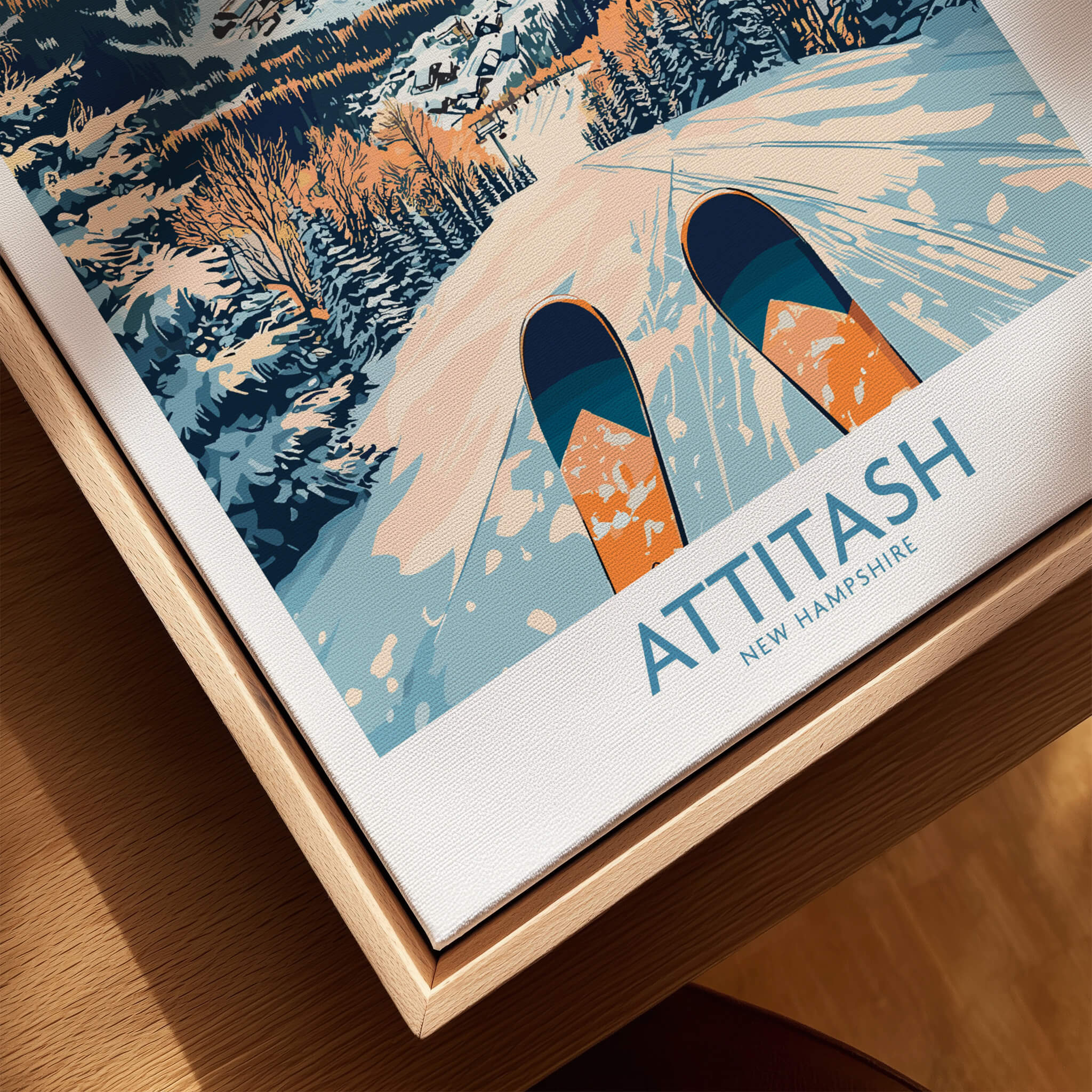 Attitash Ski Art Print showcasing colorful skis on a snowy slope, perfect for ski enthusiasts and home decor lovers.
