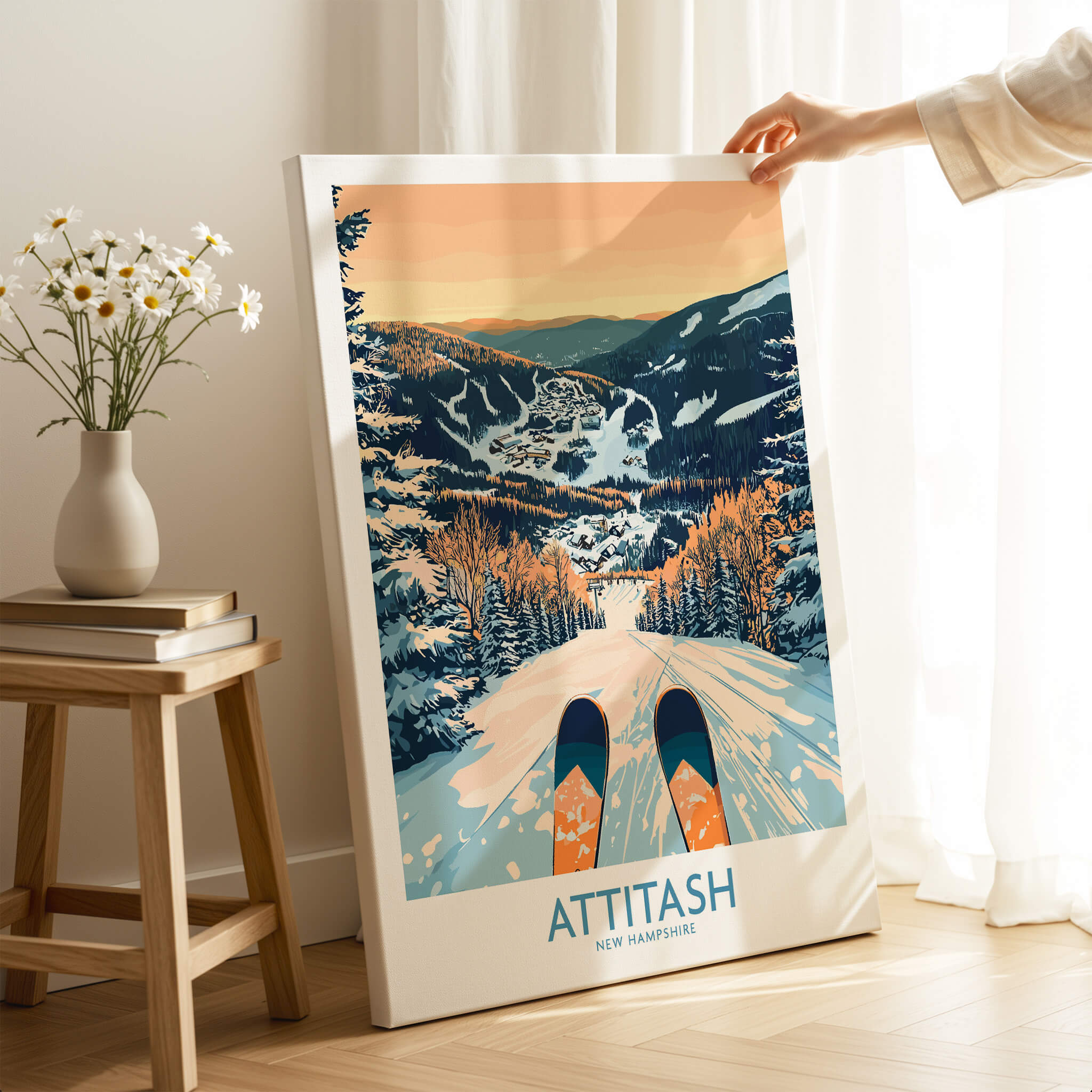 Attitash Ski Art Print featuring a scenic view of ski slopes and mountains in New Hampshire.