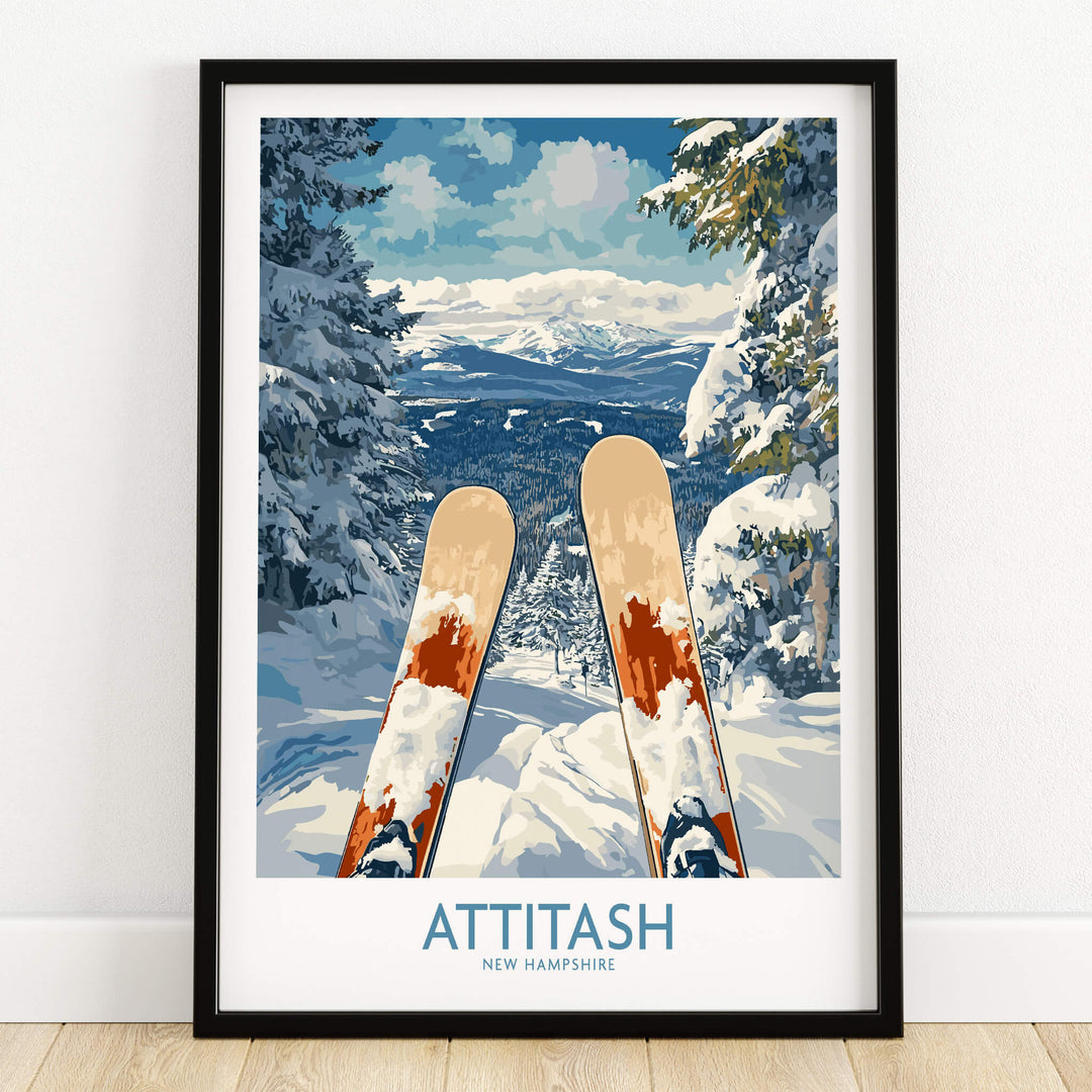 Ski Poster Attitash New Hampshire featuring scenic mountain views and skis in snow-covered landscape.