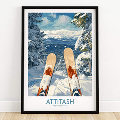 Ski Poster Attitash New Hampshire featuring scenic mountain views and skis in snow-covered landscape.
