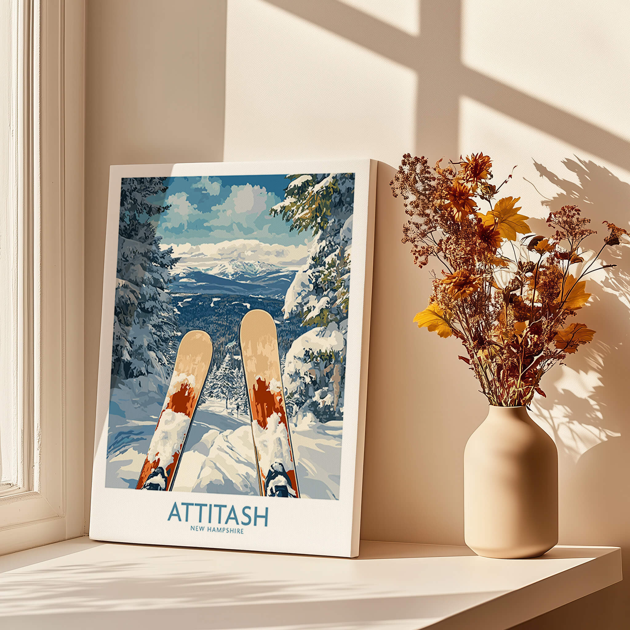 Ski Poster Attitash New Hampshire featuring stunning slopes and mountain views in a cozy setting.