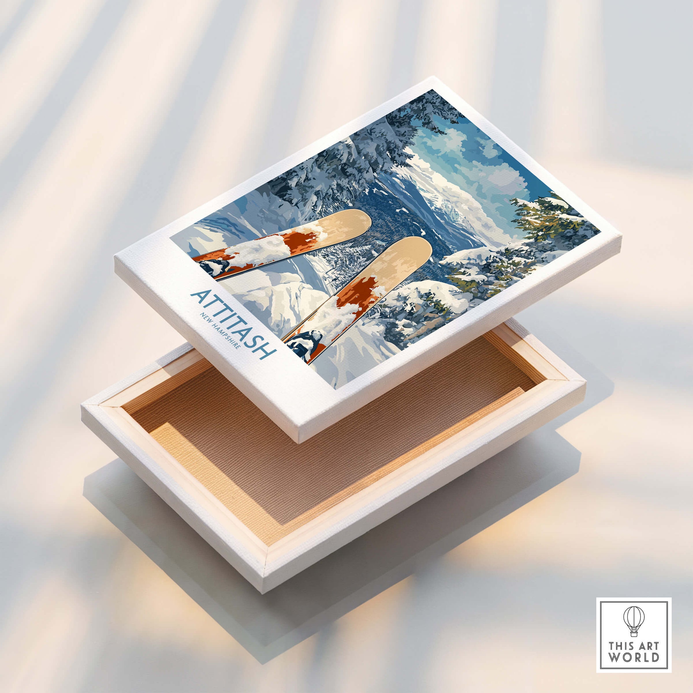 Ski Poster Attitash New Hampshire displayed on a wooden box showcasing snowy mountains and skis.