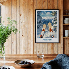 Ski Poster Attitash New Hampshire showcasing skis against a scenic mountainous backdrop in a cozy setting.