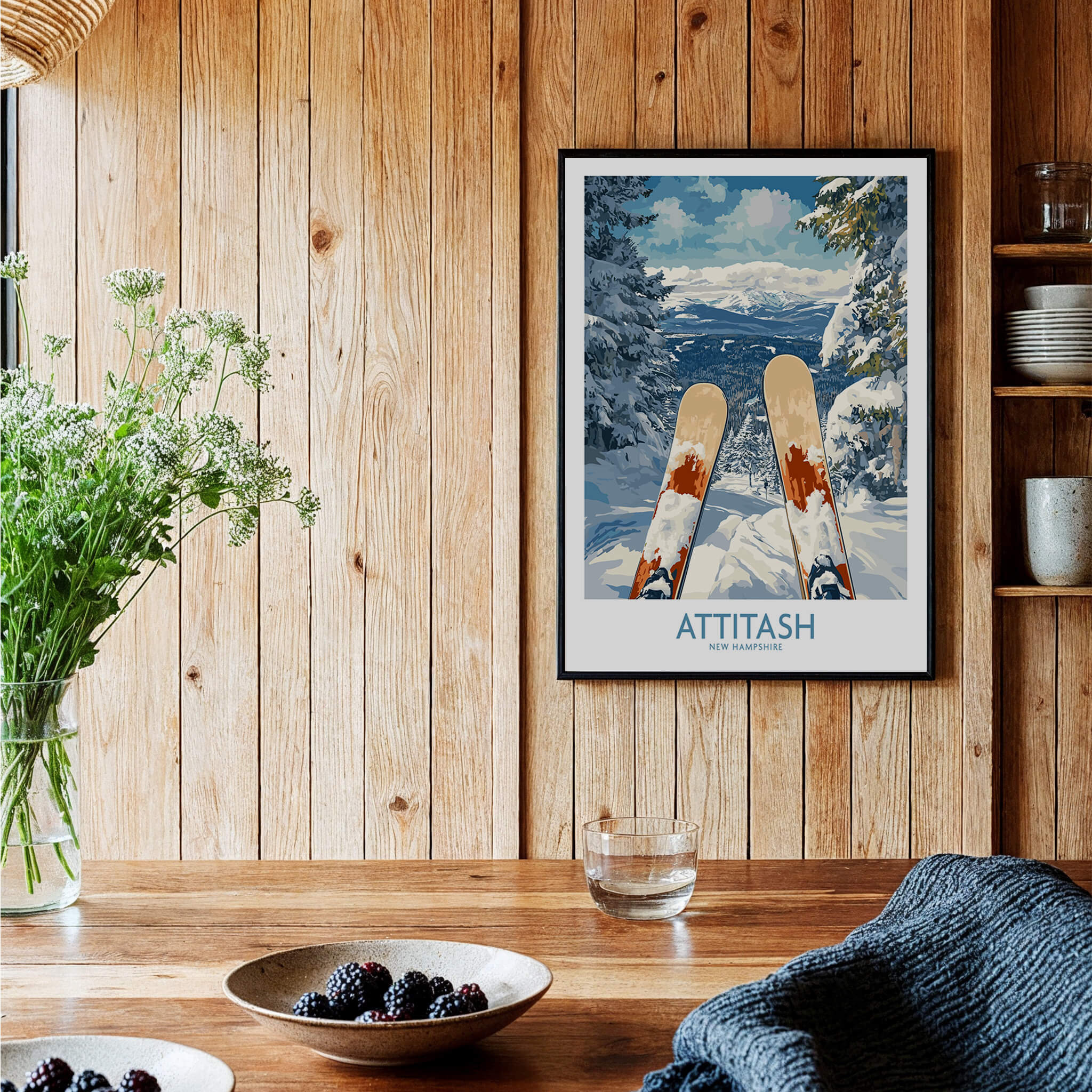 Ski Poster Attitash New Hampshire showcasing skis against a scenic mountainous backdrop in a cozy setting.