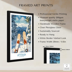 Ski Poster Attitash New Hampshire framed art print featuring mountain views and ski equipment.