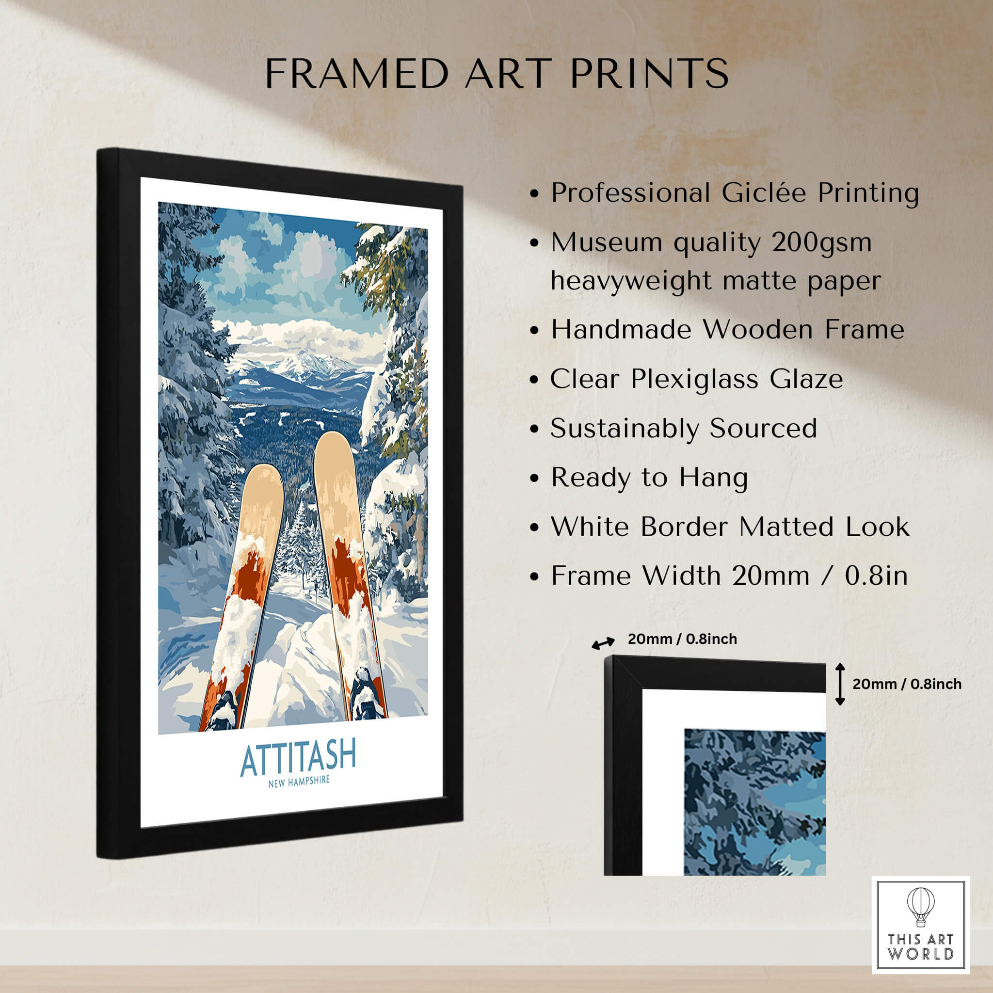 Ski Poster Attitash New Hampshire framed art print featuring mountain views and ski equipment.