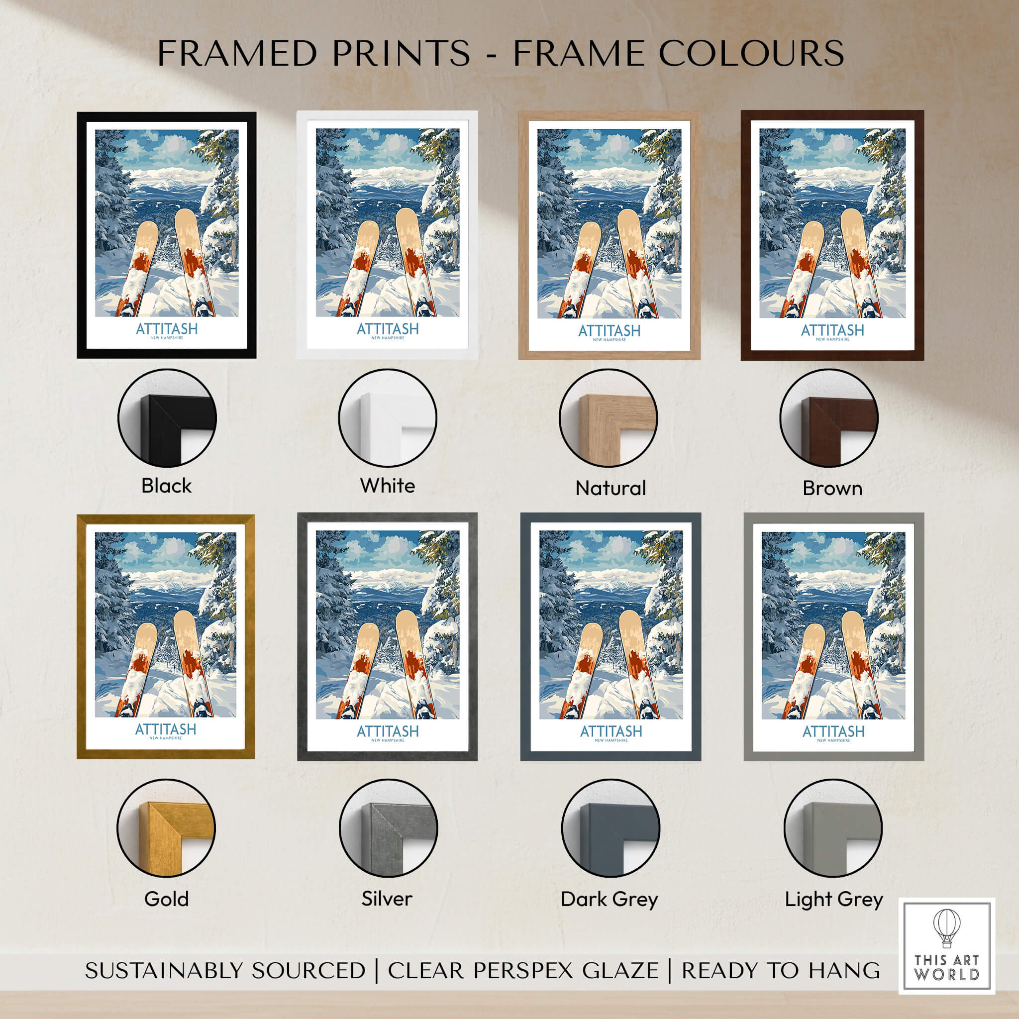 Ski Poster Attitash New Hampshire framed print color options including Black, White, Natural, Brown, Gold, Silver, Dark Grey, Light Grey.