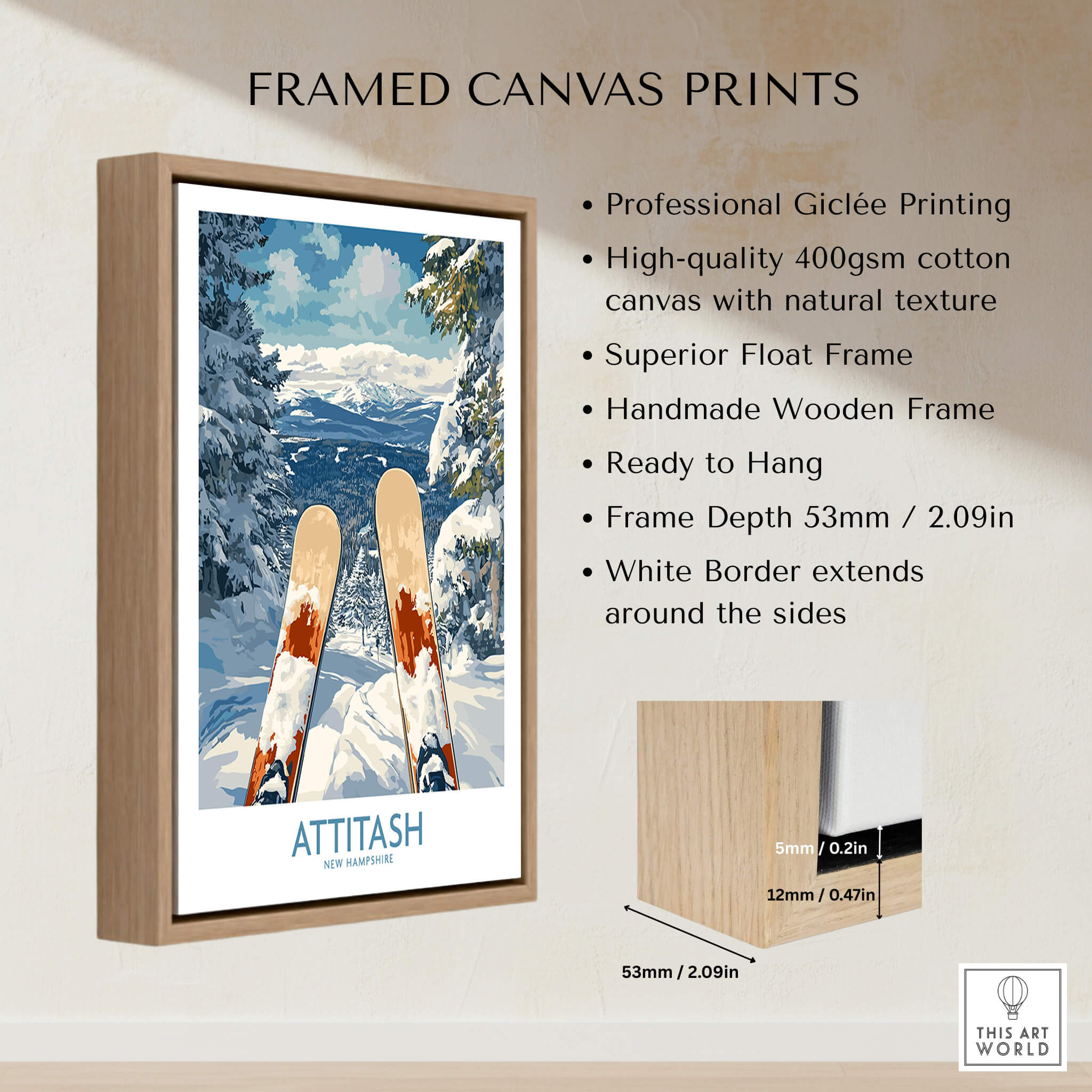 Ski Poster Attitash New Hampshire framed canvas print with mountain views and skis.