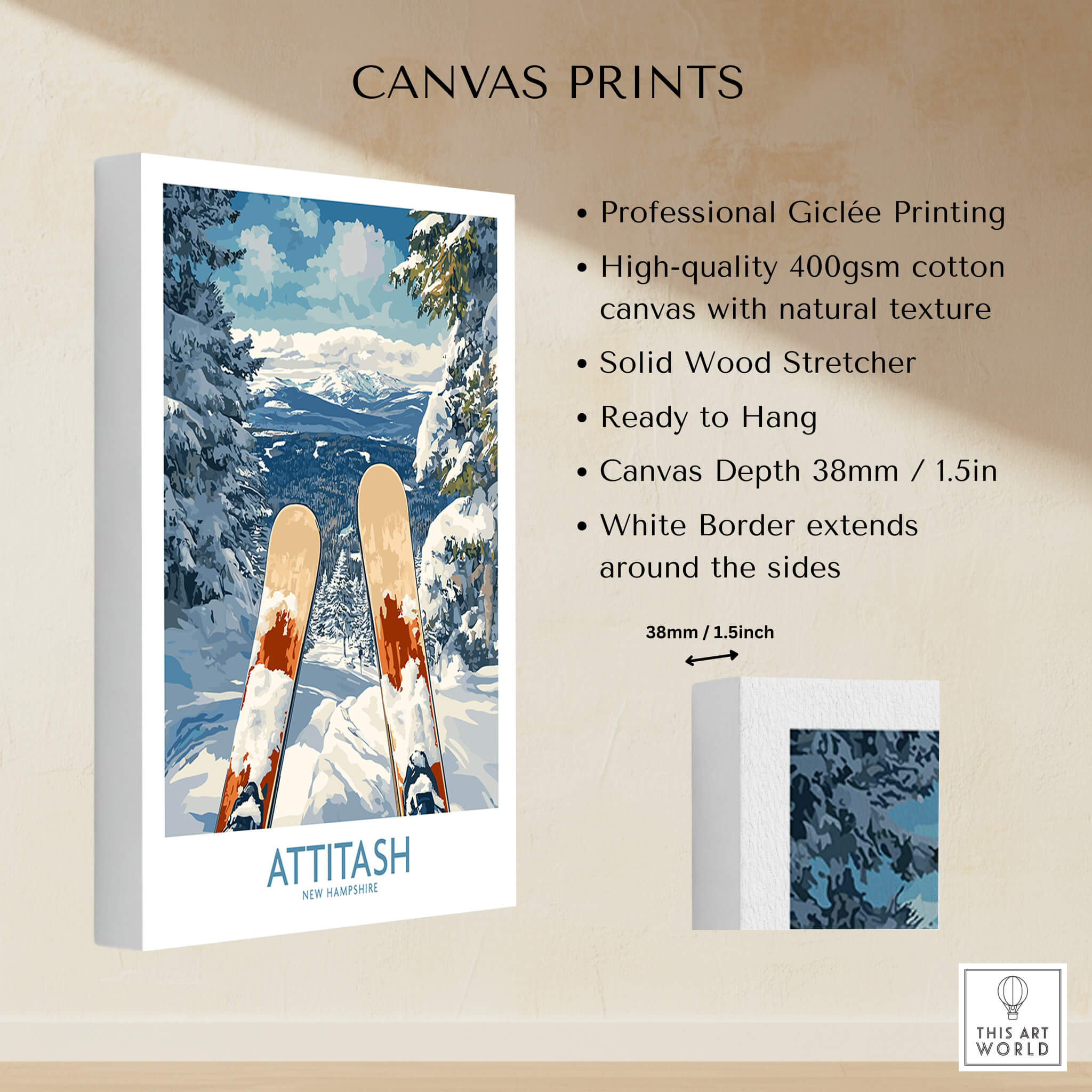 Ski Poster Attitash New Hampshire showcasing professional Giclée printing and mountain views.