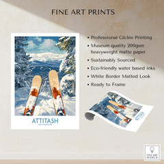 Ski Poster Attitash New Hampshire showcasing stunning mountain views and ski equipment.