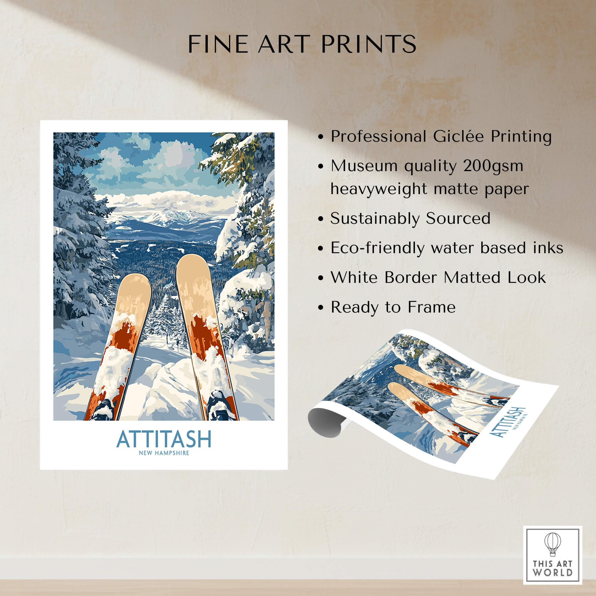 Ski Poster Attitash New Hampshire showcasing stunning mountain views and ski equipment.